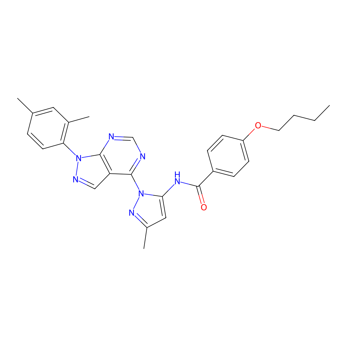 4-butoxy-N-{1-[1-(2,4-dimethylphenyl)-1H-pyrazolo[3,4-d]pyrimidin-4-yl]-3-methyl-1H-pyrazol-5-yl}benzamide molecular structure, CAS 1005976-16-8