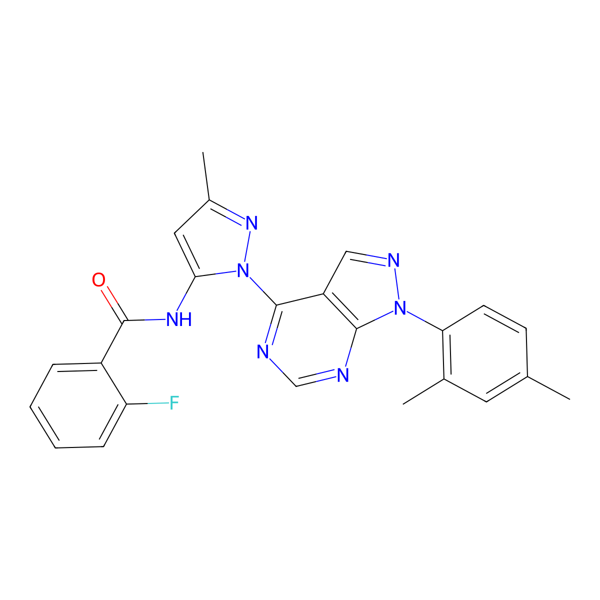 N-(1-(1-(2,4-dimethylphenyl)-1H-pyrazolo[3,4-d]pyrimidin-4-yl)-3-methyl-1H-pyrazol-5-yl)-2-fluorobenzamide molecular structure, CAS 1005976-27-1