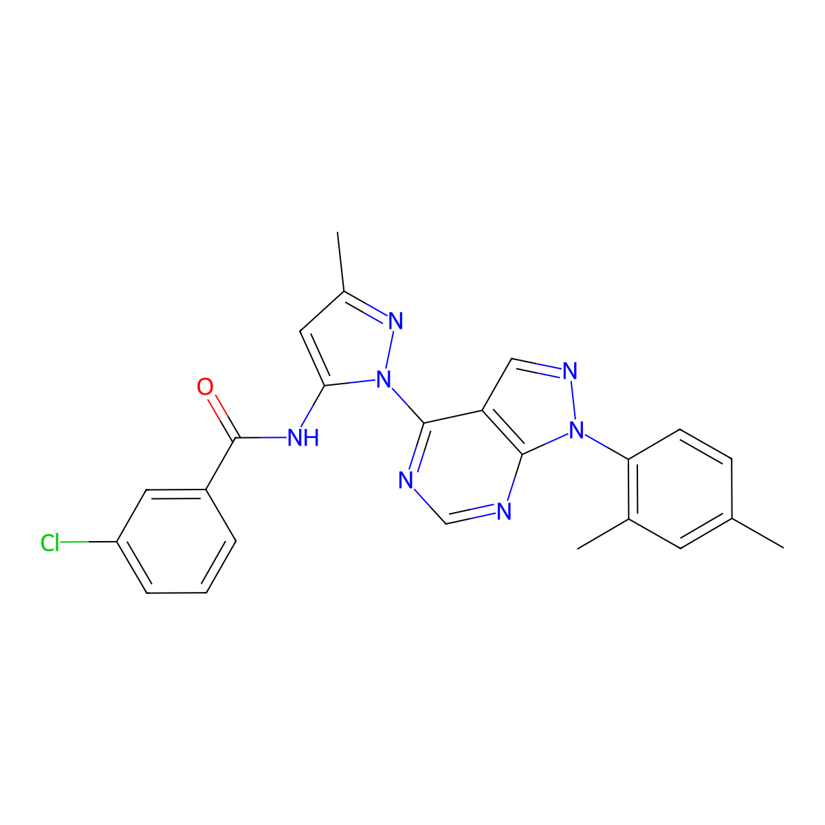 3-chloro-N-{1-[1-(2,4-dimethylphenyl)-1H-pyrazolo[3,4-d]pyrimidin-4-yl]-3-methyl-1H-pyrazol-5-yl}benzamide molecular structure, CAS 1005976-34-0