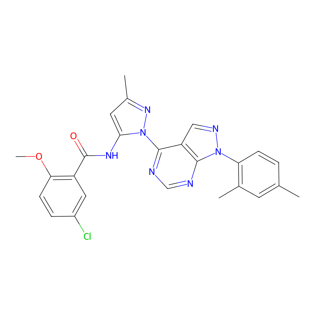 5-chloro-N-{1-[1-(2,4-dimethylphenyl)-1H-pyrazolo[3,4-d]pyrimidin-4-yl]-3-methyl-1H-pyrazol-5-yl}-2-methoxybenzamide molecular structure, CAS 1005976-52-2