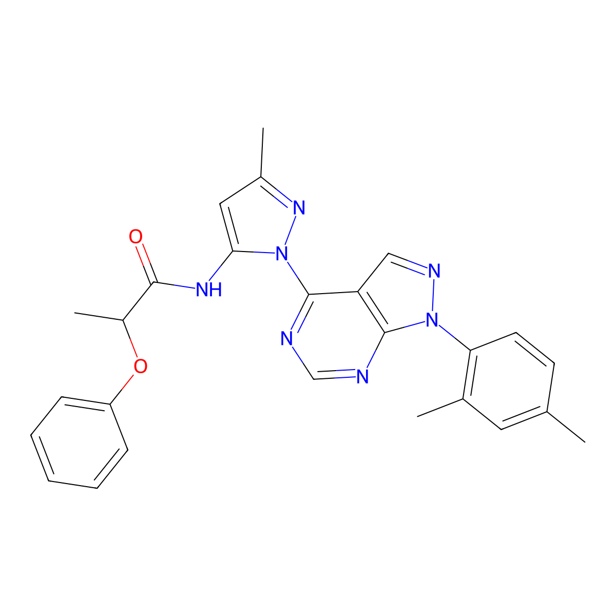 N-(1-(1-(2,4-dimethylphenyl)-1H-pyrazolo[3,4-d]pyrimidin-4-yl)-3-methyl-1H-pyrazol-5-yl)-2-phenoxypropanamide molecular structure, CAS 1005976-77-1