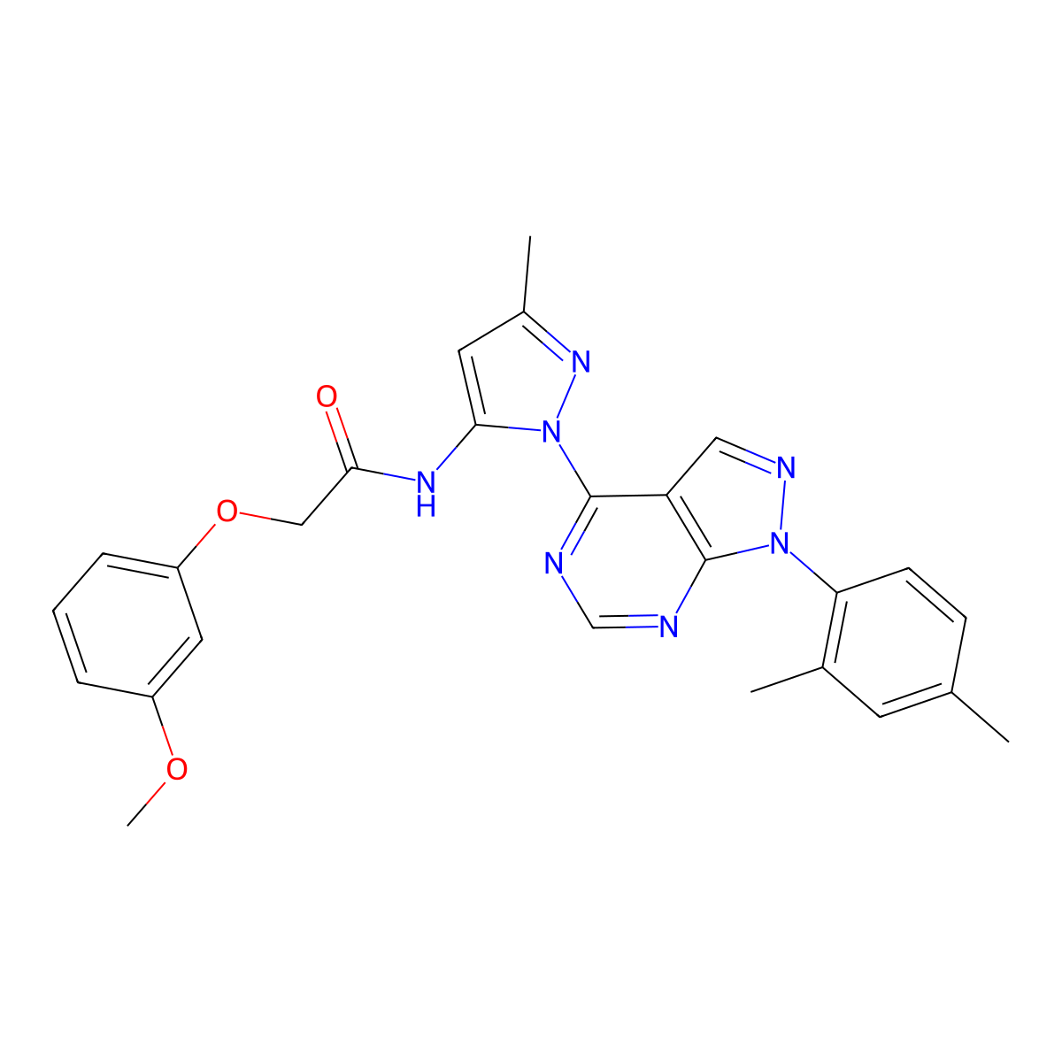 N-{1-[1-(2,4-dimethylphenyl)-1H-pyrazolo[3,4-d]pyrimidin-4-yl]-3-methyl-1H-pyrazol-5-yl}-2-(3-methoxyphenoxy)acetamide molecular structure, CAS 1005976-83-9