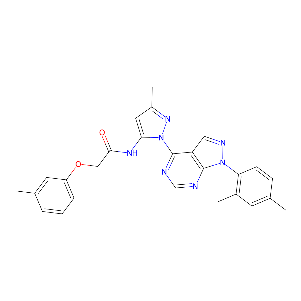 N-{1-[1-(2,4-dimethylphenyl)-1H-pyrazolo[3,4-d]pyrimidin-4-yl]-3-methyl-1H-pyrazol-5-yl}-2-(3-methylphenoxy)acetamide molecular structure, CAS 1005976-89-5