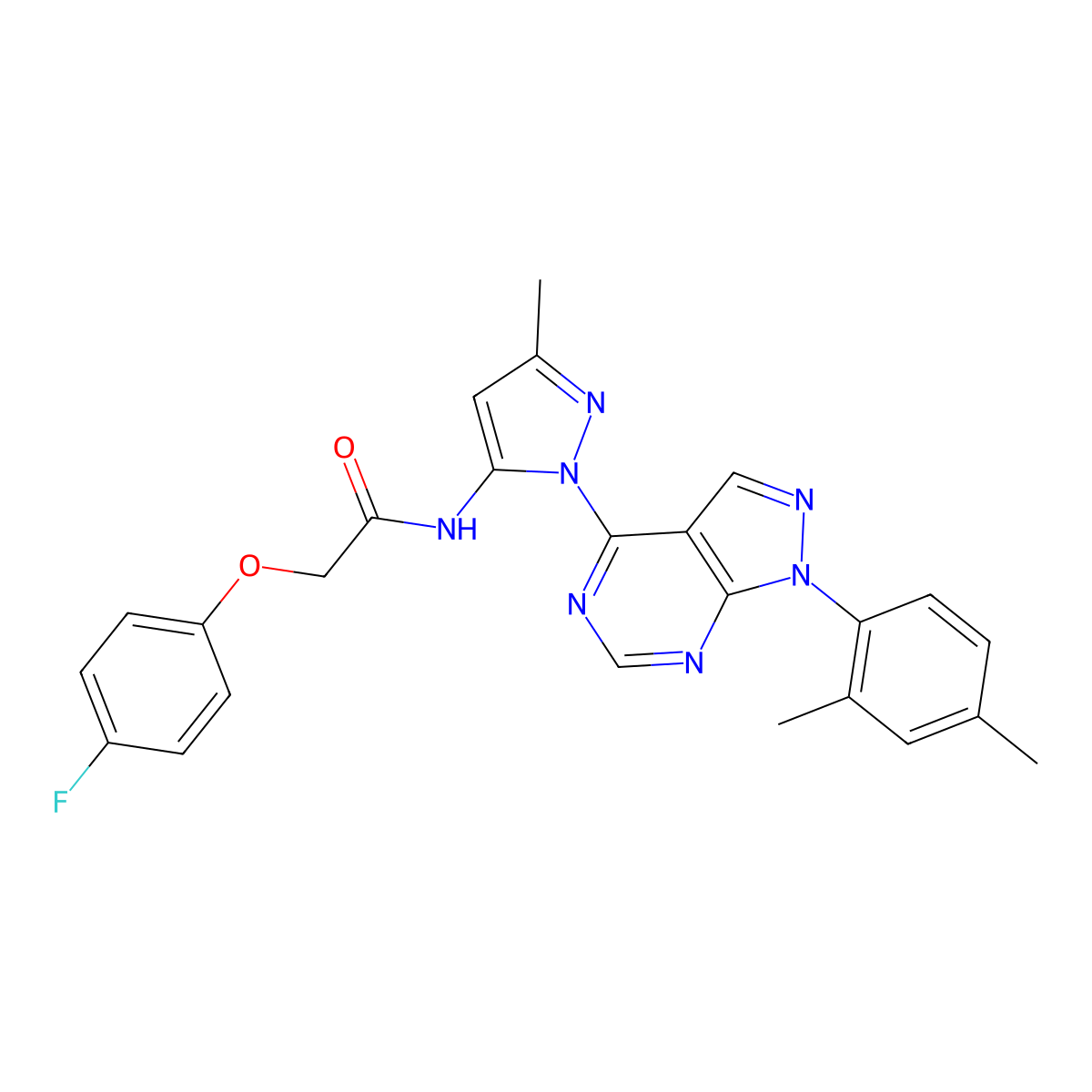 N-{1-[1-(2,4-dimethylphenyl)-1H-pyrazolo[3,4-d]pyrimidin-4-yl]-3-methyl-1H-pyrazol-5-yl}-2-(4-fluorophenoxy)acetamide molecular structure, CAS 1005976-95-3