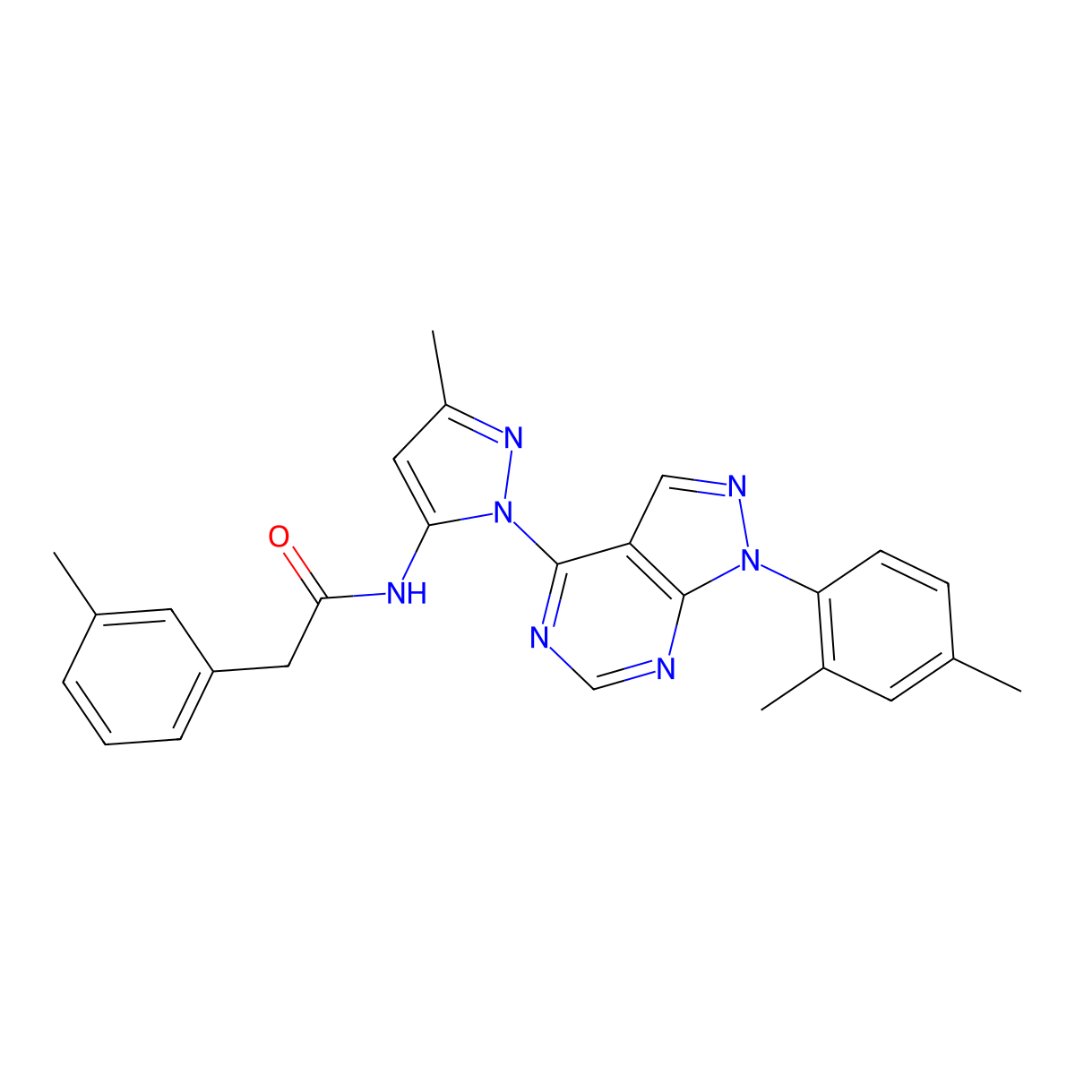 N-{1-[1-(2,4-dimethylphenyl)-1H-pyrazolo[3,4-d]pyrimidin-4-yl]-3-methyl-1H-pyrazol-5-yl}-2-(3-methylphenyl)acetamide molecular structure, CAS 1005977-08-1
