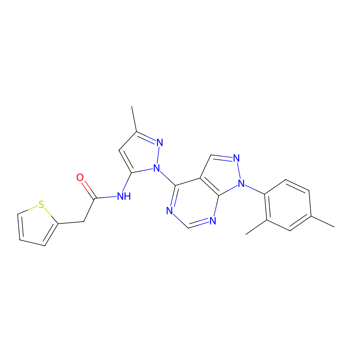 N-(1-(1-(2,4-dimethylphenyl)-1H-pyrazolo[3,4-d]pyrimidin-4-yl)-3-methyl-1H-pyrazol-5-yl)-2-(thiophen-2-yl)acetamide molecular structure, CAS 1005977-13-8