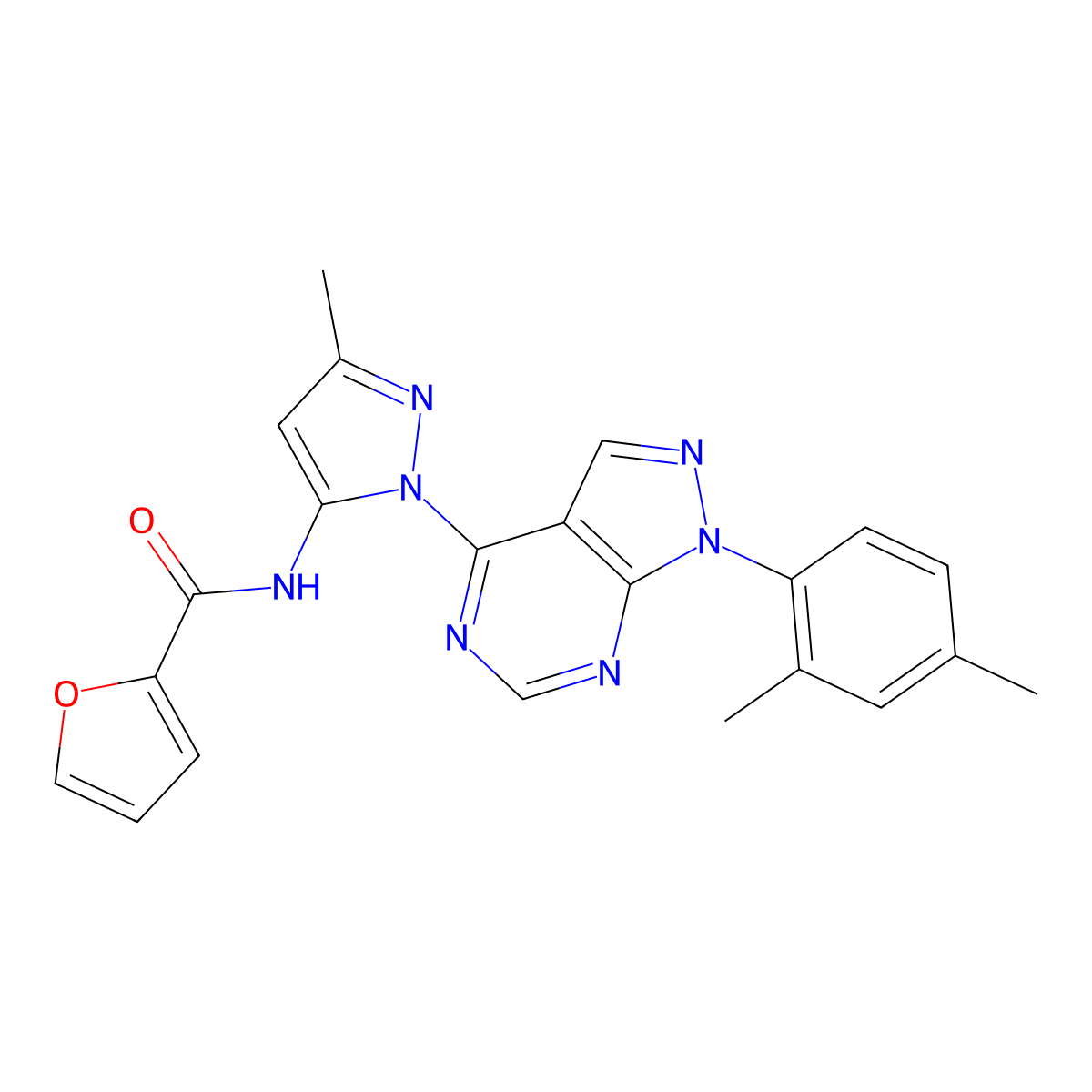 N-(1-(1-(2,4-dimethylphenyl)-1H-pyrazolo[3,4-d]pyrimidin-4-yl)-3-methyl-1H-pyrazol-5-yl)furan-2-carboxamide molecular structure, CAS 1005977-28-5