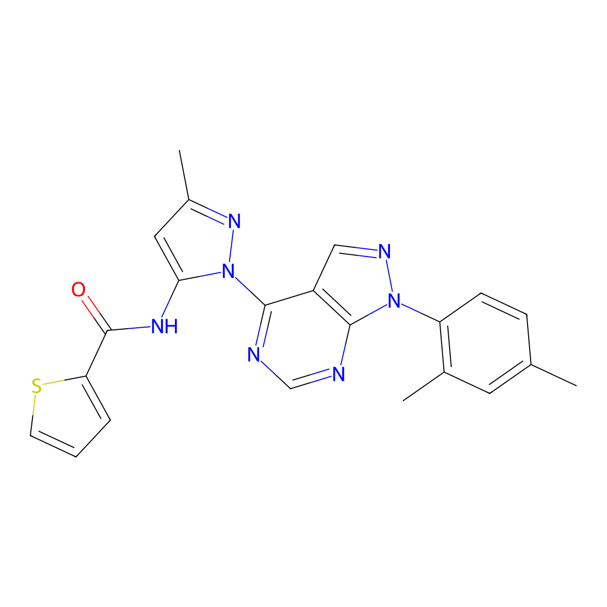 N-(1-(1-(2,4-dimethylphenyl)-1H-pyrazolo[3,4-d]pyrimidin-4-yl)-3-methyl-1H-pyrazol-5-yl)thiophene-2-carboxamide molecular structure, CAS 1005977-35-4