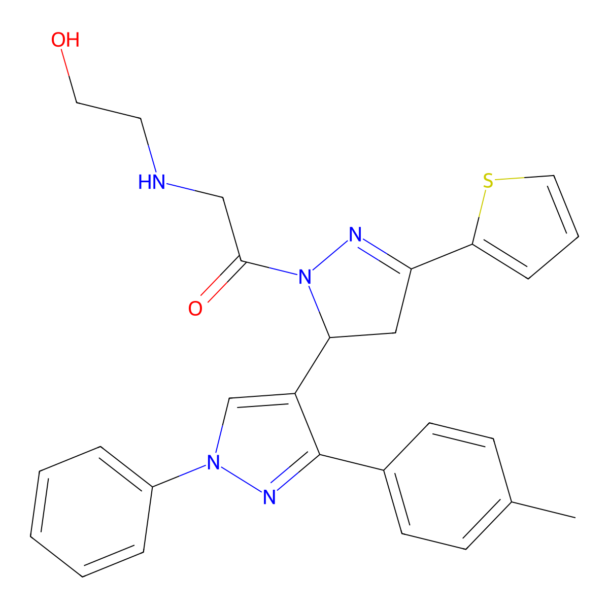 2-[(2-hydroxyethyl)amino]-1-[3'-(4-methylphenyl)-1'-phenyl-5-(thiophen-2-yl)-3,4-dihydro-1'H,2H-[3,4'-bipyrazole]-2-yl]ethan-1-one molecular structure, CAS 1005980-12-0