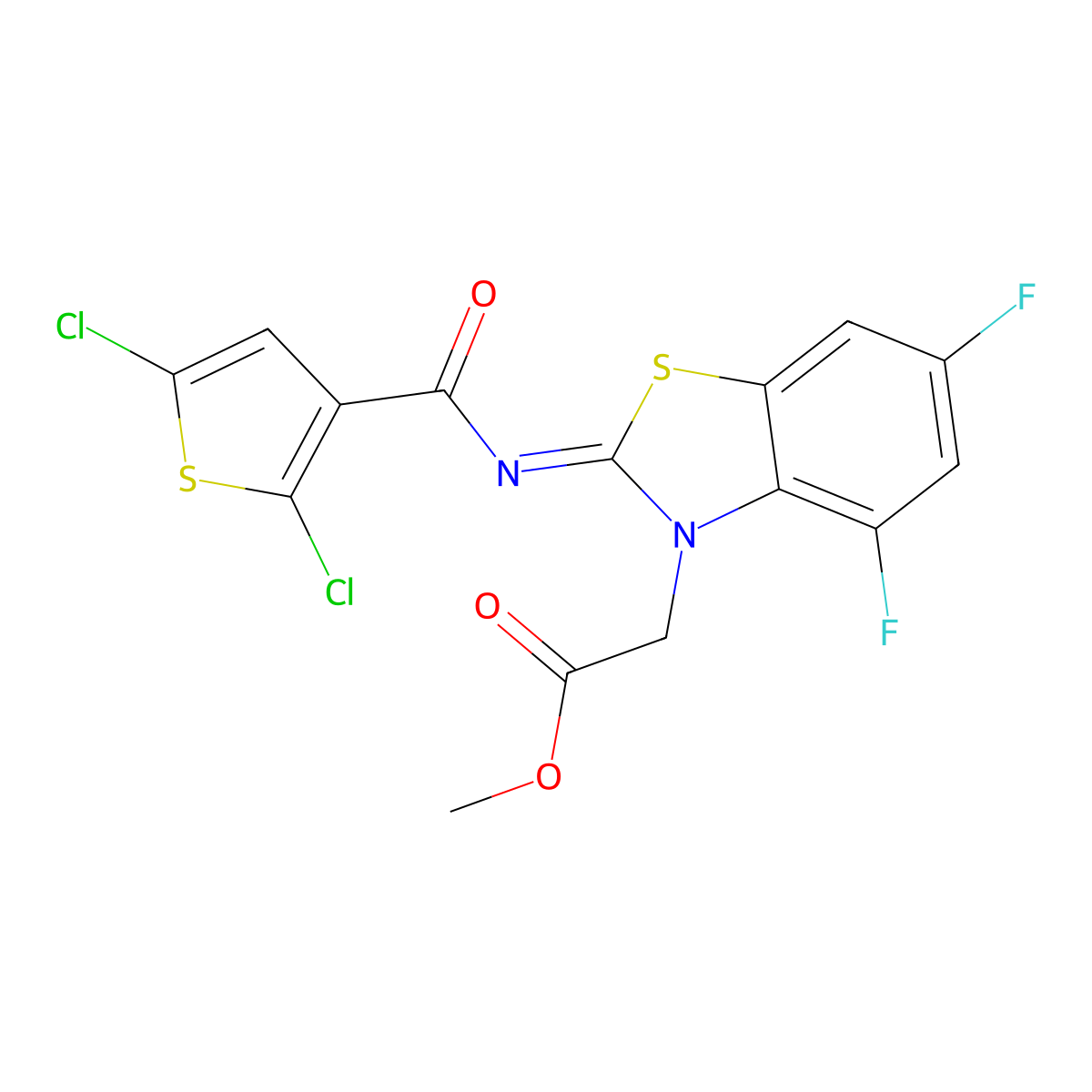 Methyl 2-[2-(2,5-dichlorothiophene-3-carbonyl)imino-4,6-difluoro-1,3-benzothiazol-3-yl]acetate molecular structure, CAS 1005986-09-3