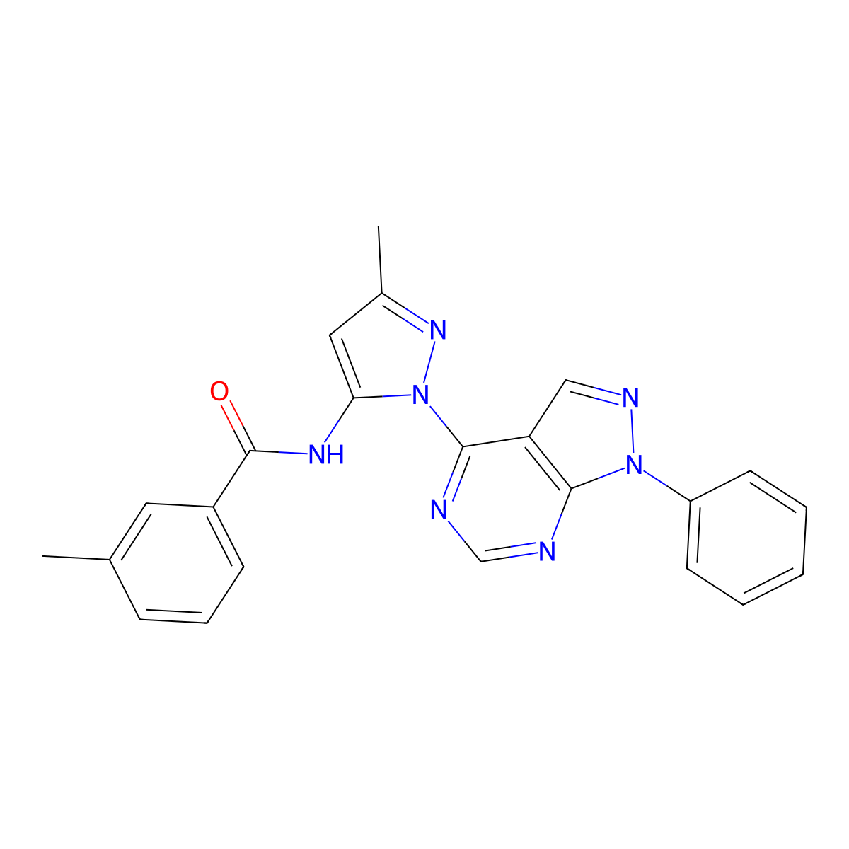 3-methyl-N-(3-methyl-1-{1-phenyl-1H-pyrazolo[3,4-d]pyrimidin-4-yl}-1H-pyrazol-5-yl)benzamide molecular structure, CAS 1005999-56-3