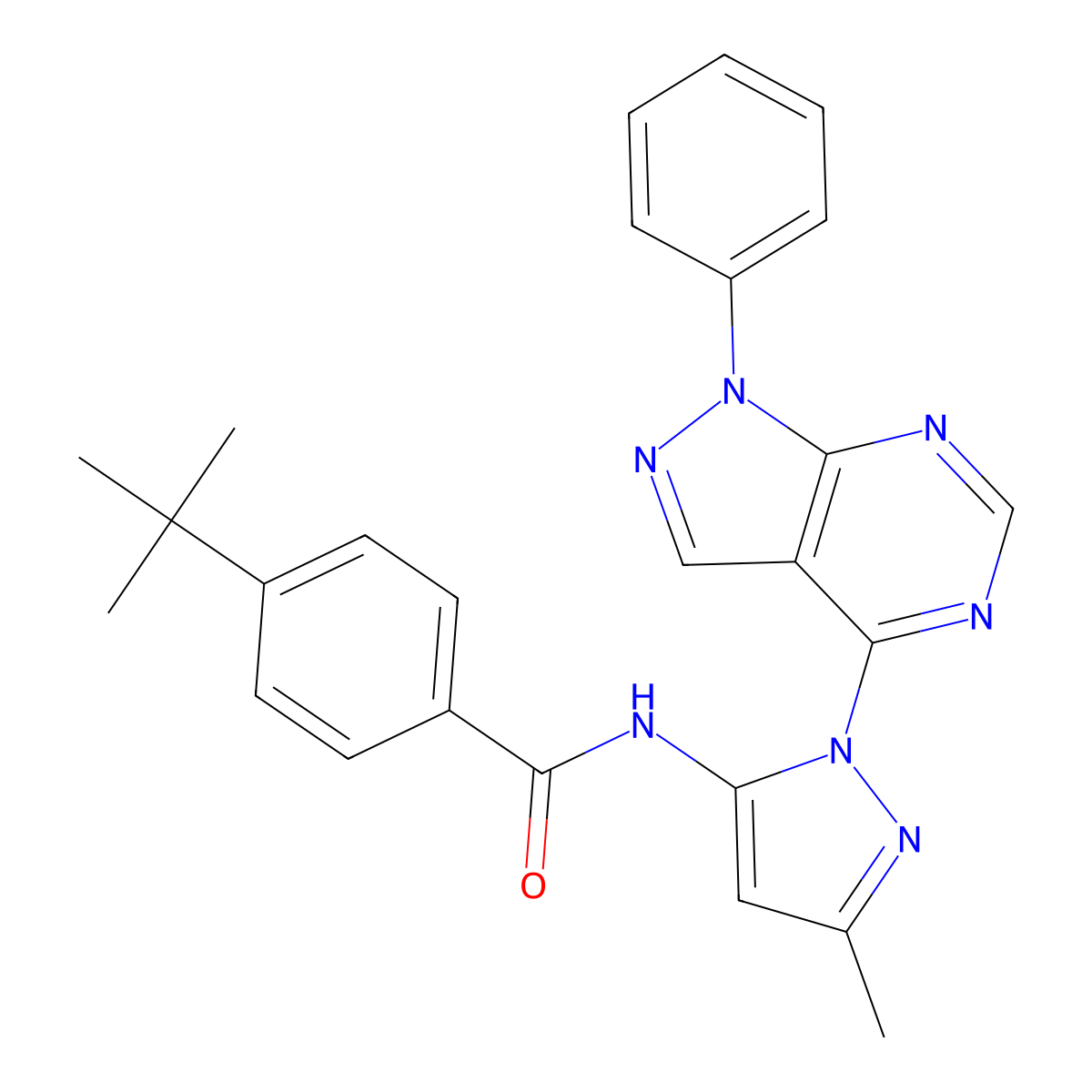 4-tert-butyl-N-(3-methyl-1-{1-phenyl-1H-pyrazolo[3,4-d]pyrimidin-4-yl}-1H-pyrazol-5-yl)benzamide molecular structure, CAS 1005999-61-0