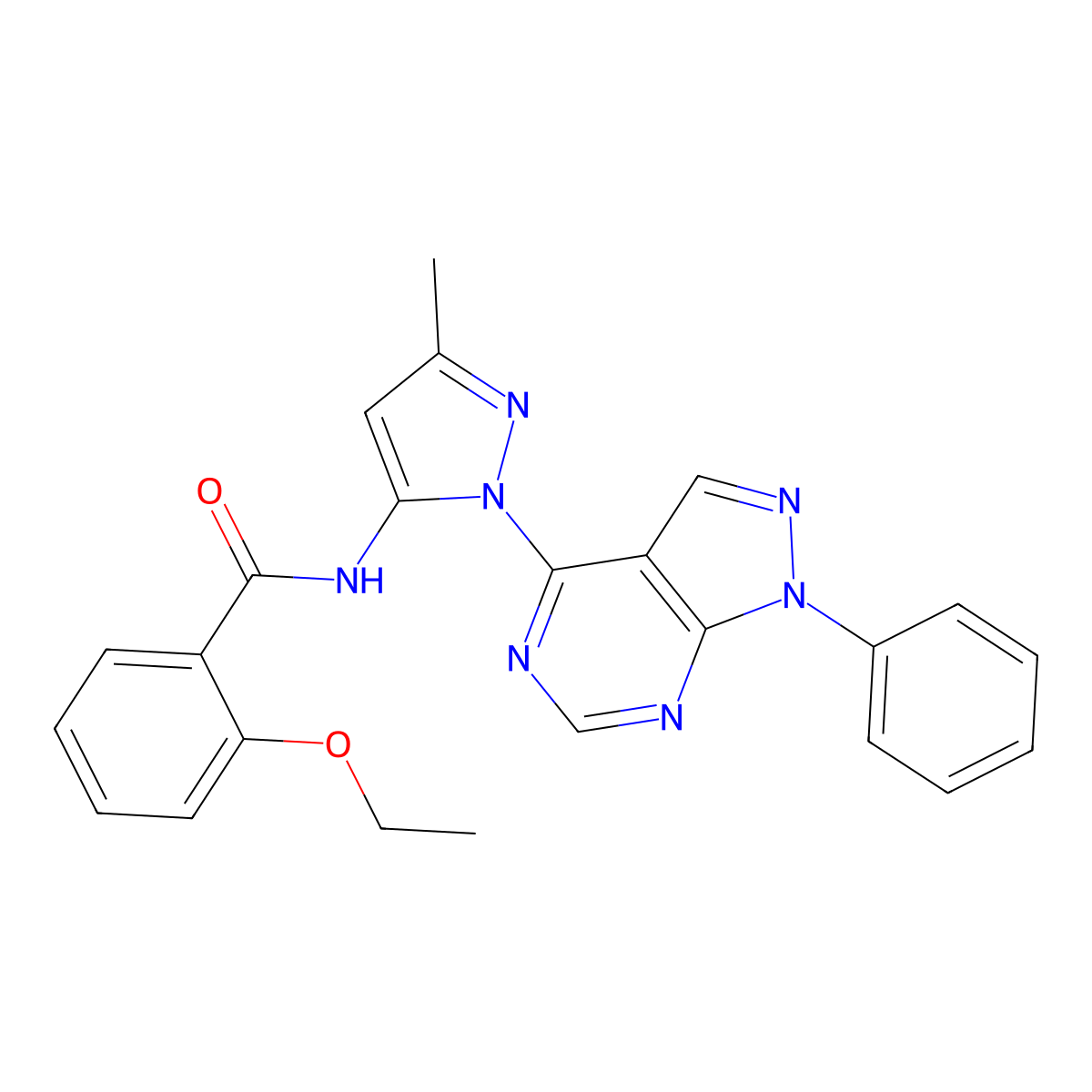 2-ethoxy-N-(3-methyl-1-{1-phenyl-1H-pyrazolo[3,4-d]pyrimidin-4-yl}-1H-pyrazol-5-yl)benzamide molecular structure, CAS 1005999-67-6