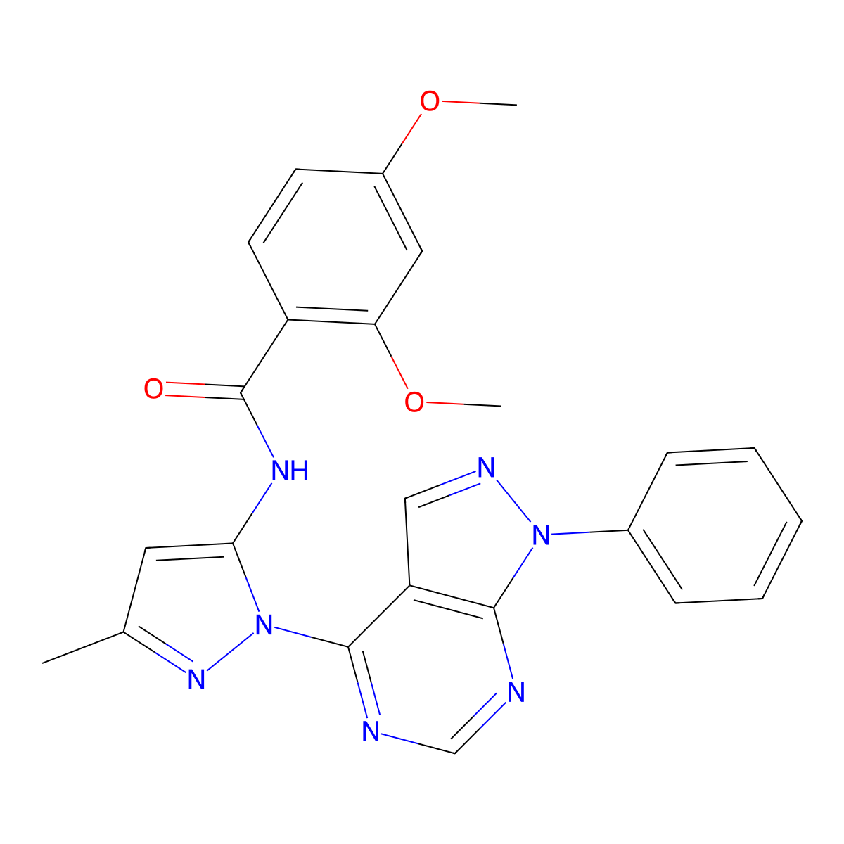2,4-dimethoxy-N-(3-methyl-1-{1-phenyl-1H-pyrazolo[3,4-d]pyrimidin-4-yl}-1H-pyrazol-5-yl)benzamide molecular structure, CAS 1005999-73-4