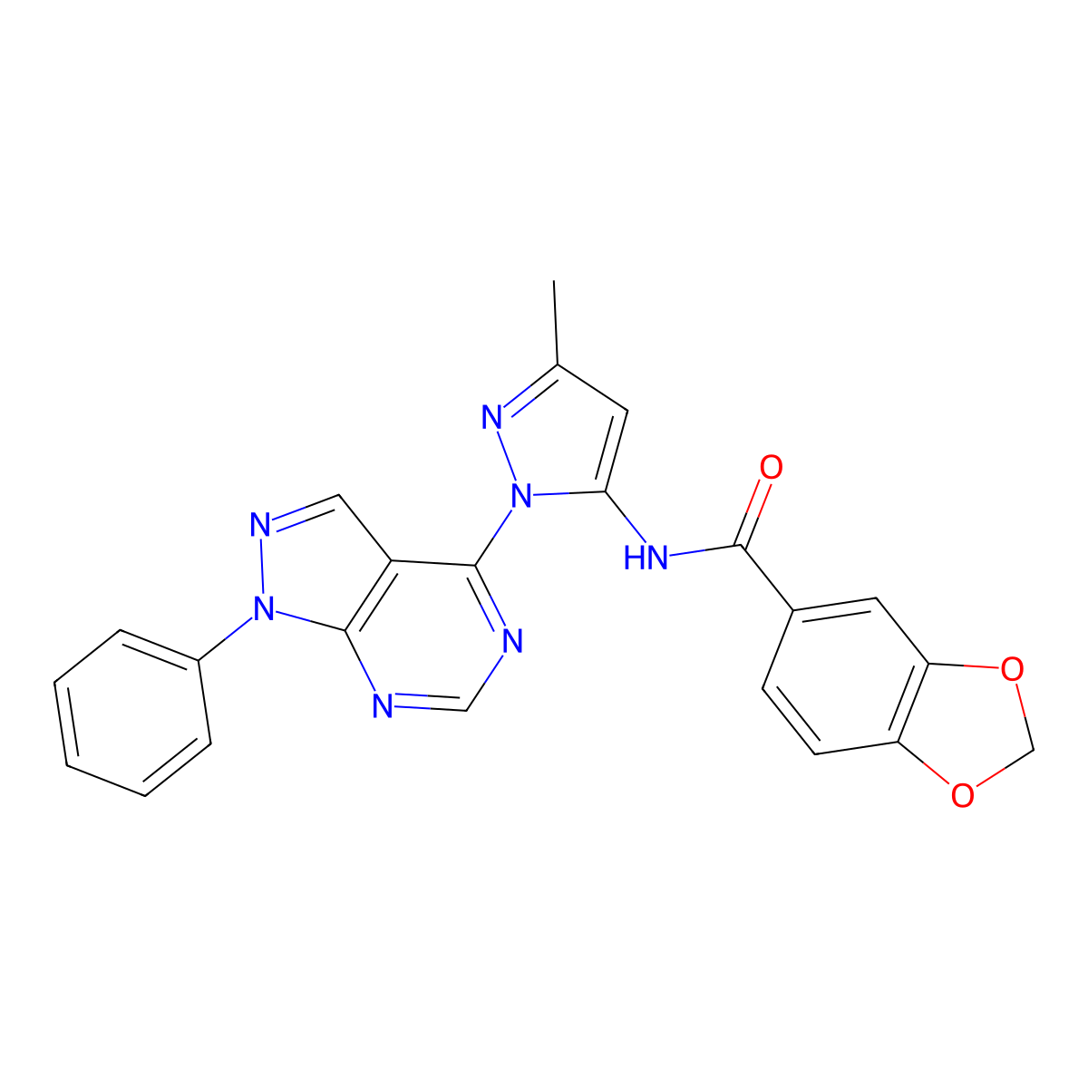 N-(3-methyl-1-(1-phenyl-1H-pyrazolo[3,4-d]pyrimidin-4-yl)-1H-pyrazol-5-yl)benzo[d][1,3]dioxole-5-carboxamide molecular structure, CAS 1005999-79-0