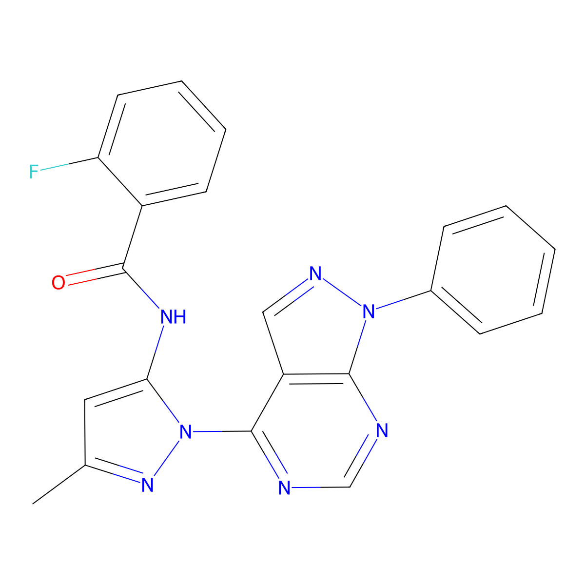 2-fluoro-N-(3-methyl-1-(1-phenyl-1H-pyrazolo[3,4-d]pyrimidin-4-yl)-1H-pyrazol-5-yl)benzamide molecular structure, CAS 1005999-85-8