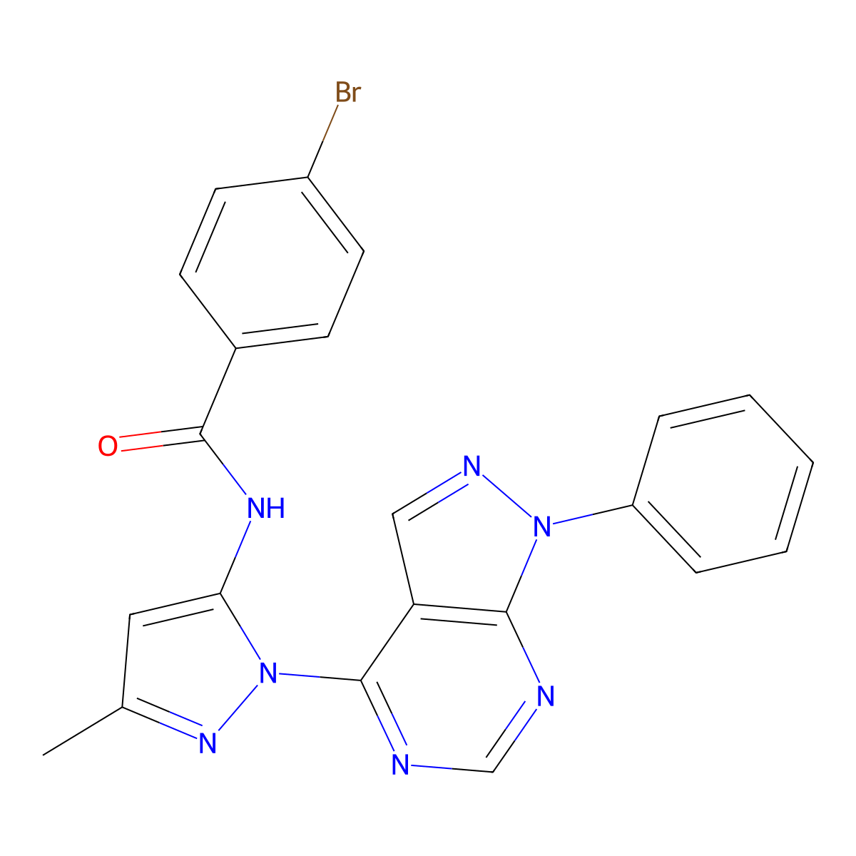 4-bromo-N-(3-methyl-1-{1-phenyl-1H-pyrazolo[3,4-d]pyrimidin-4-yl}-1H-pyrazol-5-yl)benzamide molecular structure, CAS 1005999-97-2