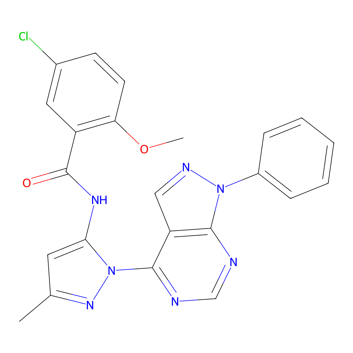 5-chloro-2-methoxy-N-(3-methyl-1-{1-phenyl-1H-pyrazolo[3,4-d]pyrimidin-4-yl}-1H-pyrazol-5-yl)benzamide molecular structure, CAS 1006000-09-4