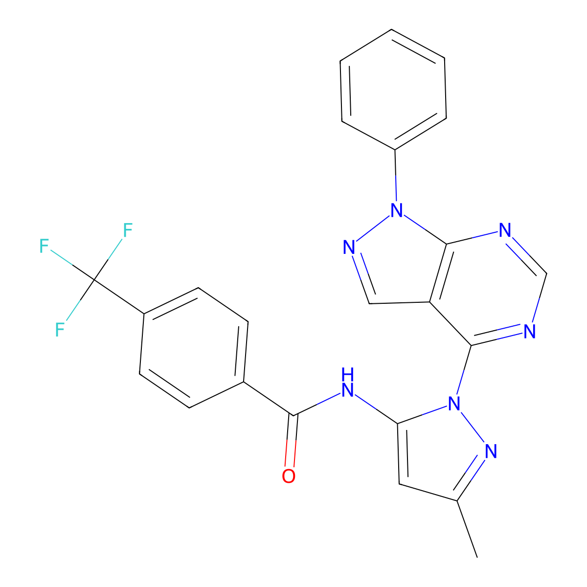 N-(3-methyl-1-{1-phenyl-1H-pyrazolo[3,4-d]pyrimidin-4-yl}-1H-pyrazol-5-yl)-4-(trifluoromethyl)benzamide molecular structure, CAS 1006000-15-2