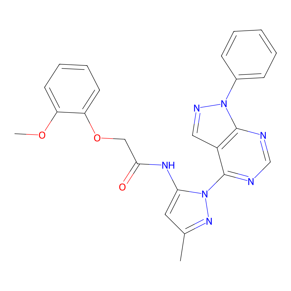 2-(2-methoxyphenoxy)-N-(3-methyl-1-{1-phenyl-1H-pyrazolo[3,4-d]pyrimidin-4-yl}-1H-pyrazol-5-yl)acetamide molecular structure, CAS 1006000-43-6
