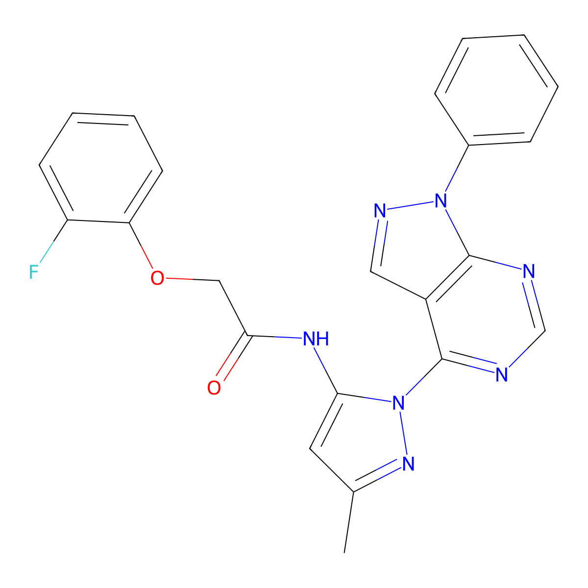 2-(2-fluorophenoxy)-N-(3-methyl-1-(1-phenyl-1H-pyrazolo[3,4-d]pyrimidin-4-yl)-1H-pyrazol-5-yl)acetamide molecular structure, CAS 1006000-56-1
