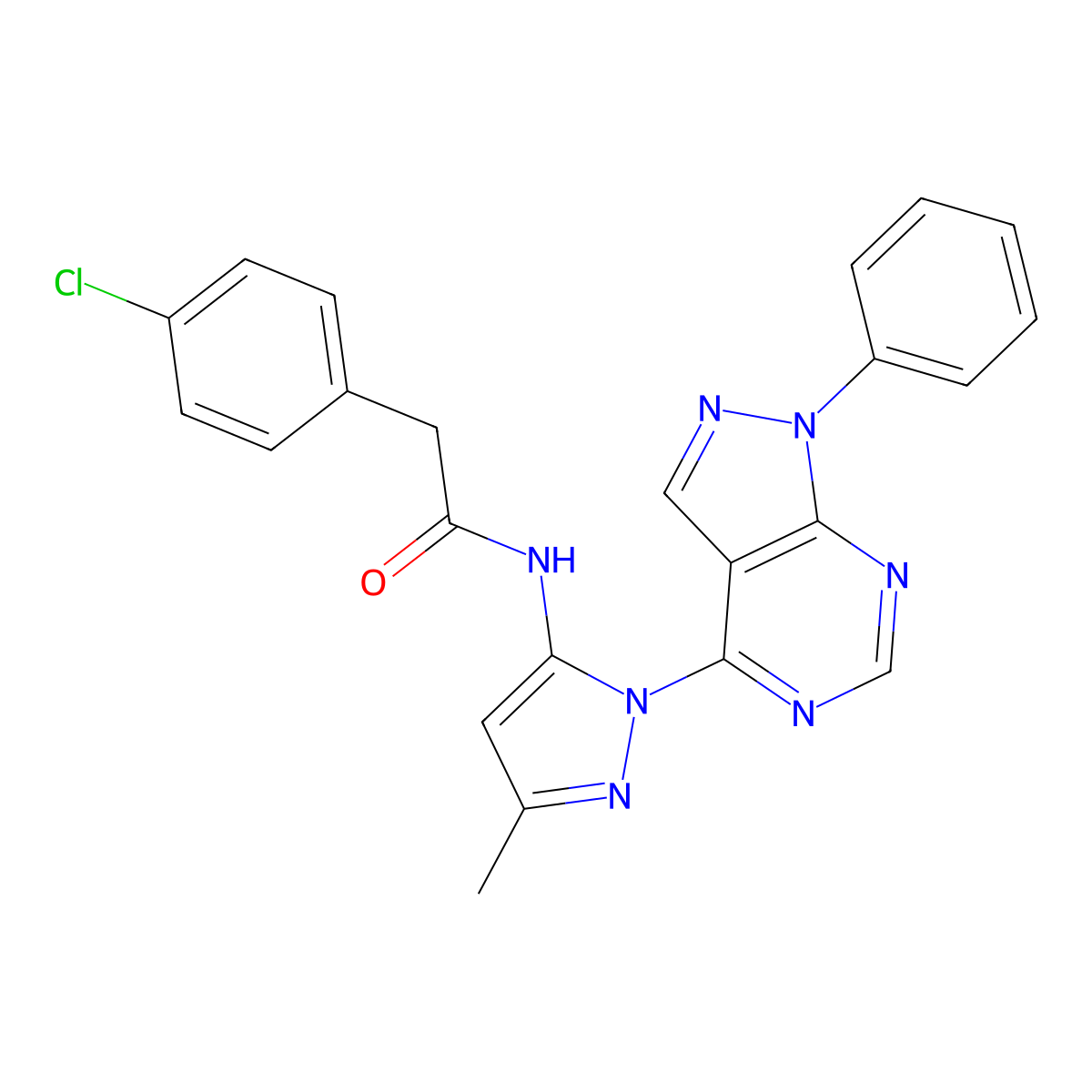 2-(4-chlorophenyl)-N-(3-methyl-1-(1-phenyl-1H-pyrazolo[3,4-d]pyrimidin-4-yl)-1H-pyrazol-5-yl)acetamide molecular structure, CAS 1006000-69-6
