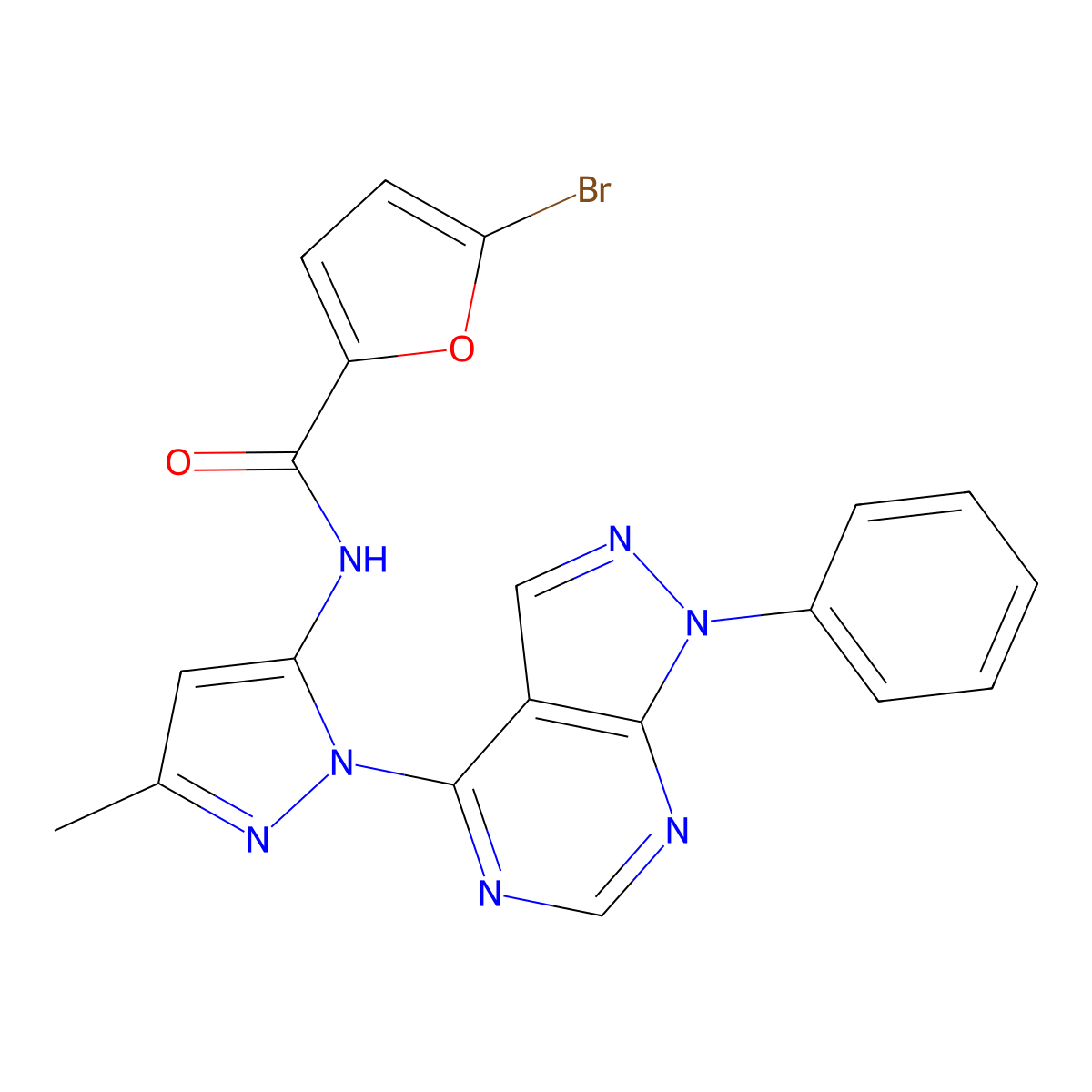 5-bromo-N-(3-methyl-1-(1-phenyl-1H-pyrazolo[3,4-d]pyrimidin-4-yl)-1H-pyrazol-5-yl)furan-2-carboxamide molecular structure, CAS 1006000-94-7