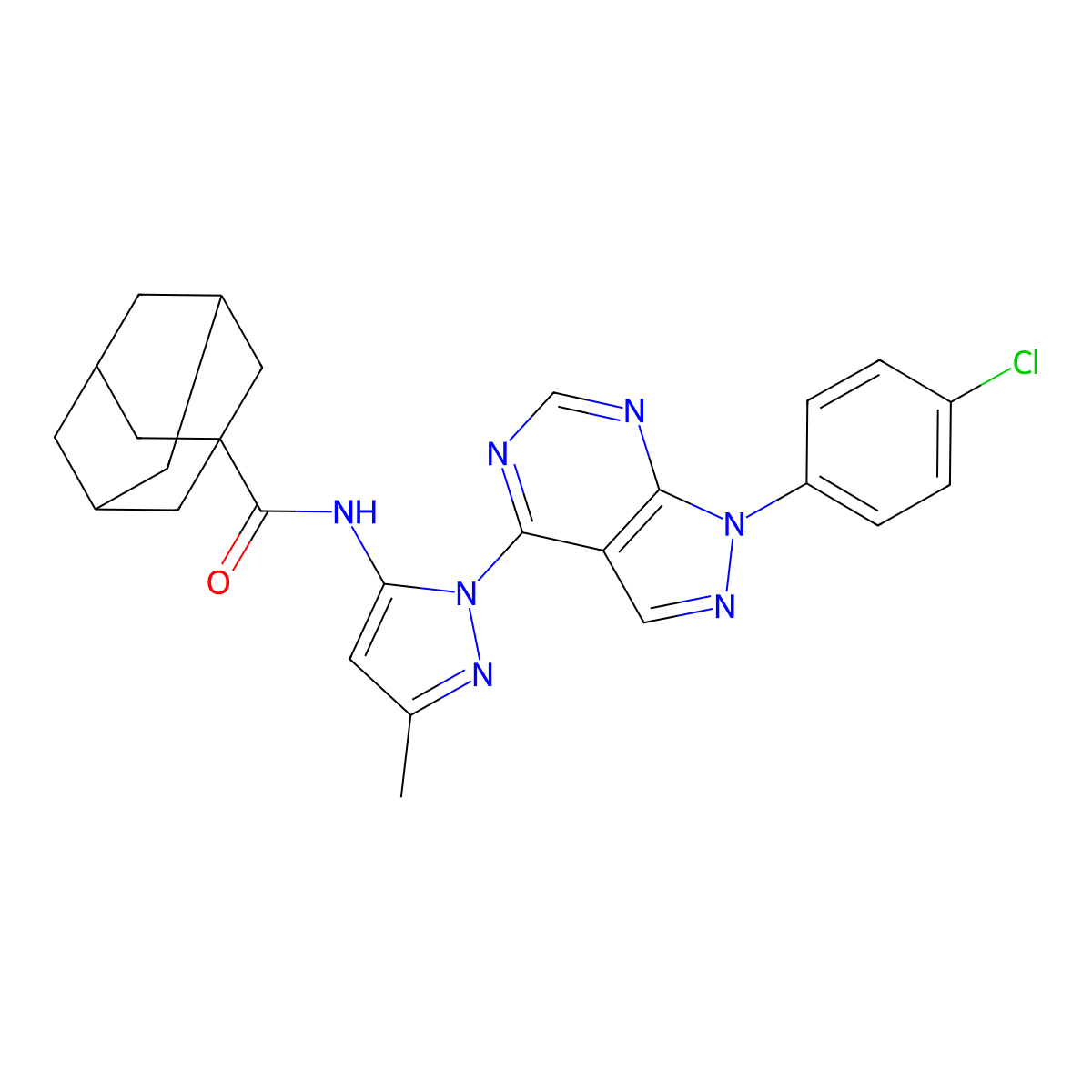 N-{1-[1-(4-chlorophenyl)-1H-pyrazolo[3,4-d]pyrimidin-4-yl]-3-methyl-1H-pyrazol-5-yl}adamantane-1-carboxamide molecular structure, CAS 1006001-38-2