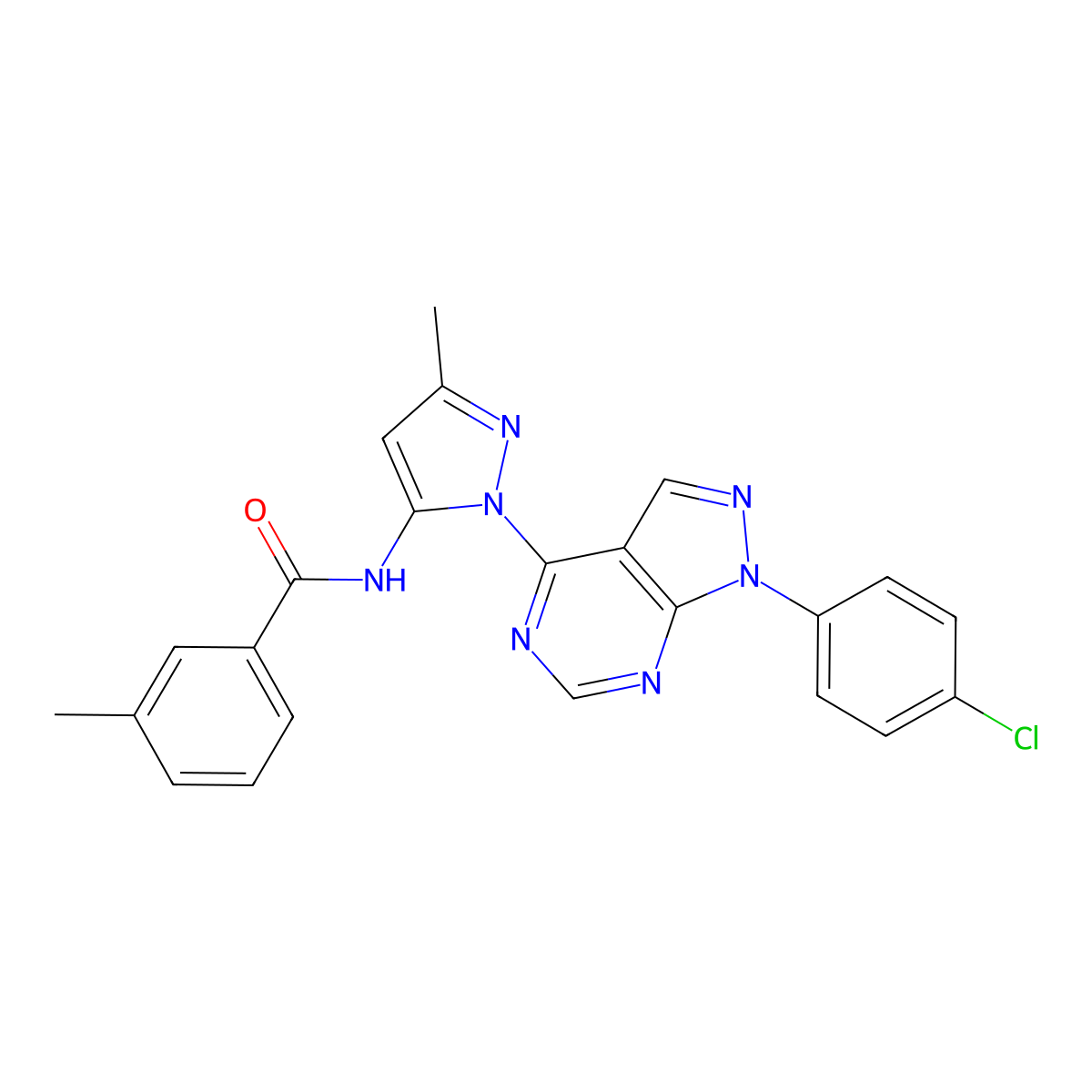 N-{1-[1-(4-chlorophenyl)-1H-pyrazolo[3,4-d]pyrimidin-4-yl]-3-methyl-1H-pyrazol-5-yl}-3-methylbenzamide molecular structure, CAS 1006001-50-8