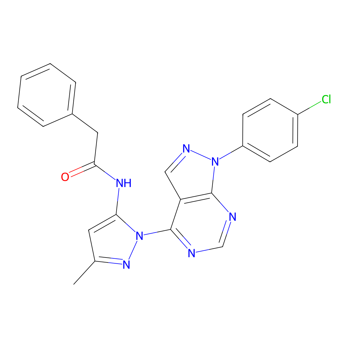 N-(1-(1-(4-chlorophenyl)-1H-pyrazolo[3,4-d]pyrimidin-4-yl)-3-methyl-1H-pyrazol-5-yl)-2-phenylacetamide molecular structure, CAS 1006002-05-6