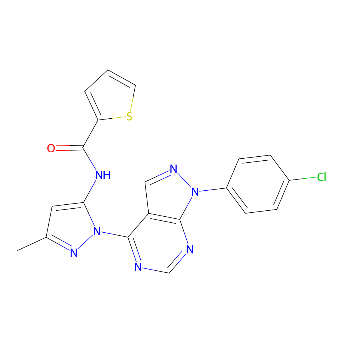 N-(1-(1-(4-chlorophenyl)-1H-pyrazolo[3,4-d]pyrimidin-4-yl)-3-methyl-1H-pyrazol-5-yl)thiophene-2-carboxamide molecular structure, CAS 1006002-26-1