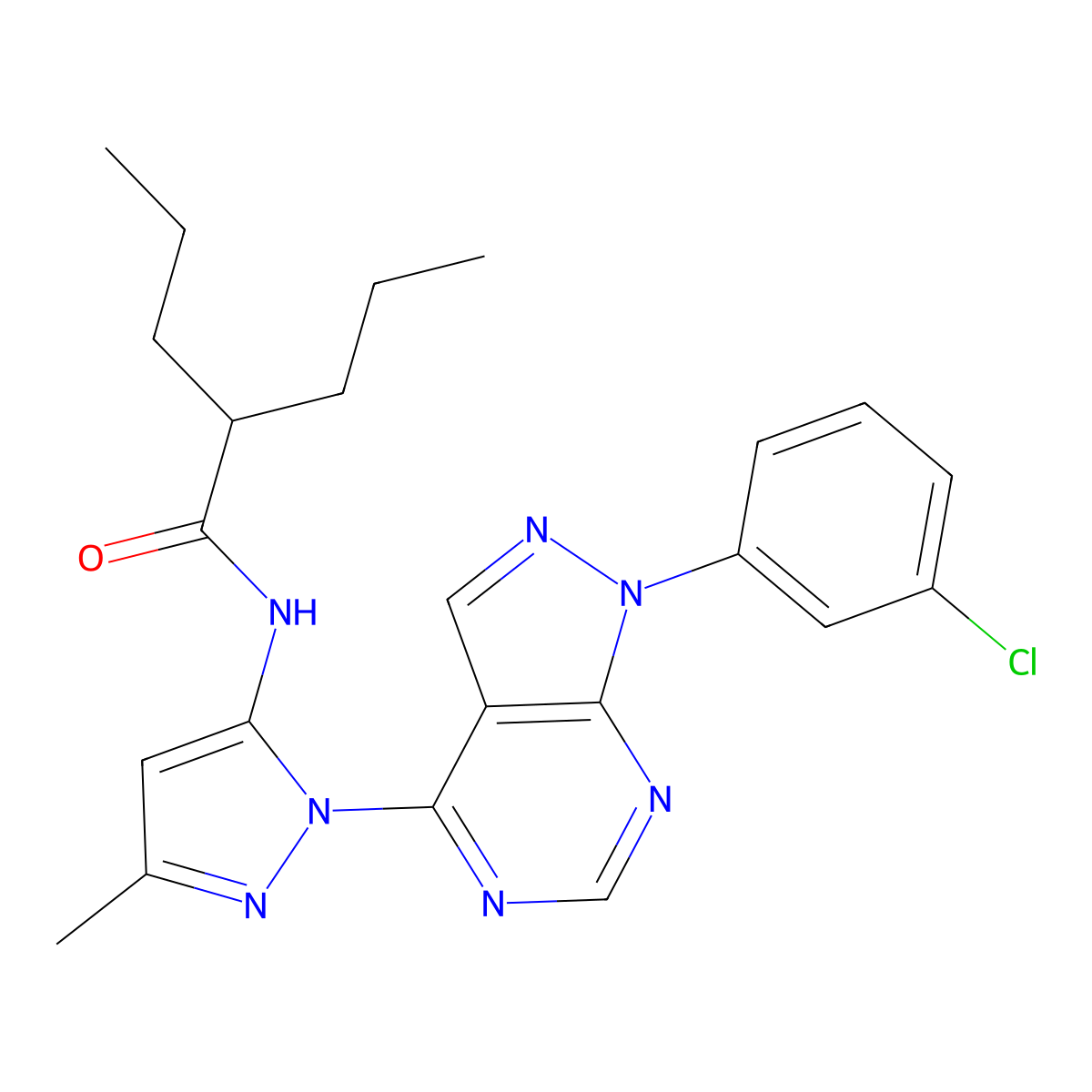 N-{1-[1-(3-chlorophenyl)-1H-pyrazolo[3,4-d]pyrimidin-4-yl]-3-methyl-1H-pyrazol-5-yl}-2-propylpentanamide molecular structure, CAS 1006002-77-2