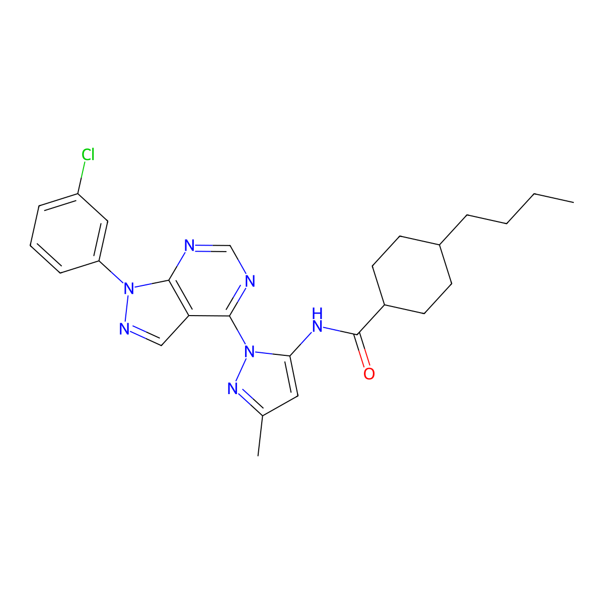 4-butyl-N-{1-[1-(3-chlorophenyl)-1H-pyrazolo[3,4-d]pyrimidin-4-yl]-3-methyl-1H-pyrazol-5-yl}cyclohexane-1-carboxamide molecular structure, CAS 1006002-82-9