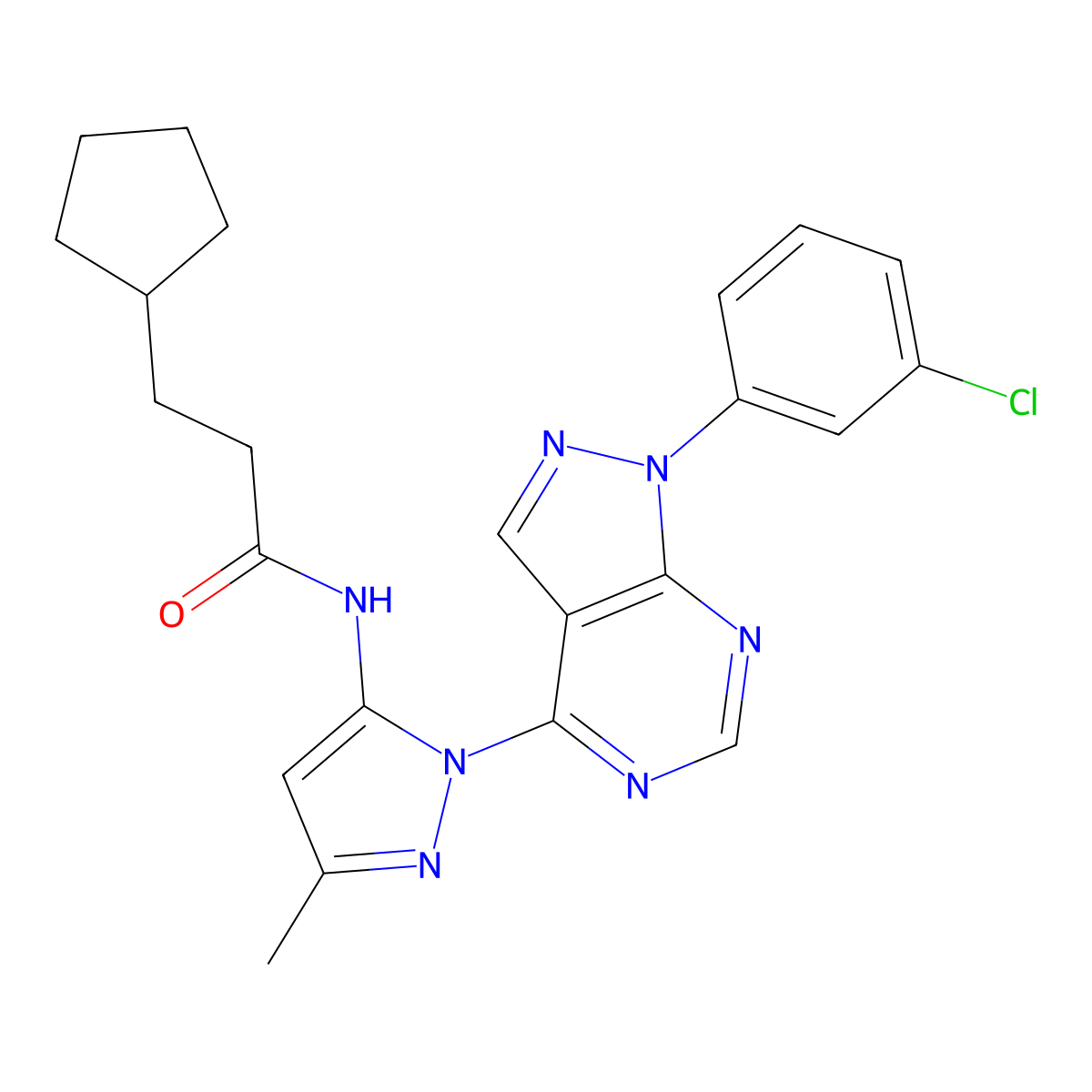 N-{1-[1-(3-chlorophenyl)-1H-pyrazolo[3,4-d]pyrimidin-4-yl]-3-methyl-1H-pyrazol-5-yl}-3-cyclopentylpropanamide molecular structure, CAS 1006002-88-5