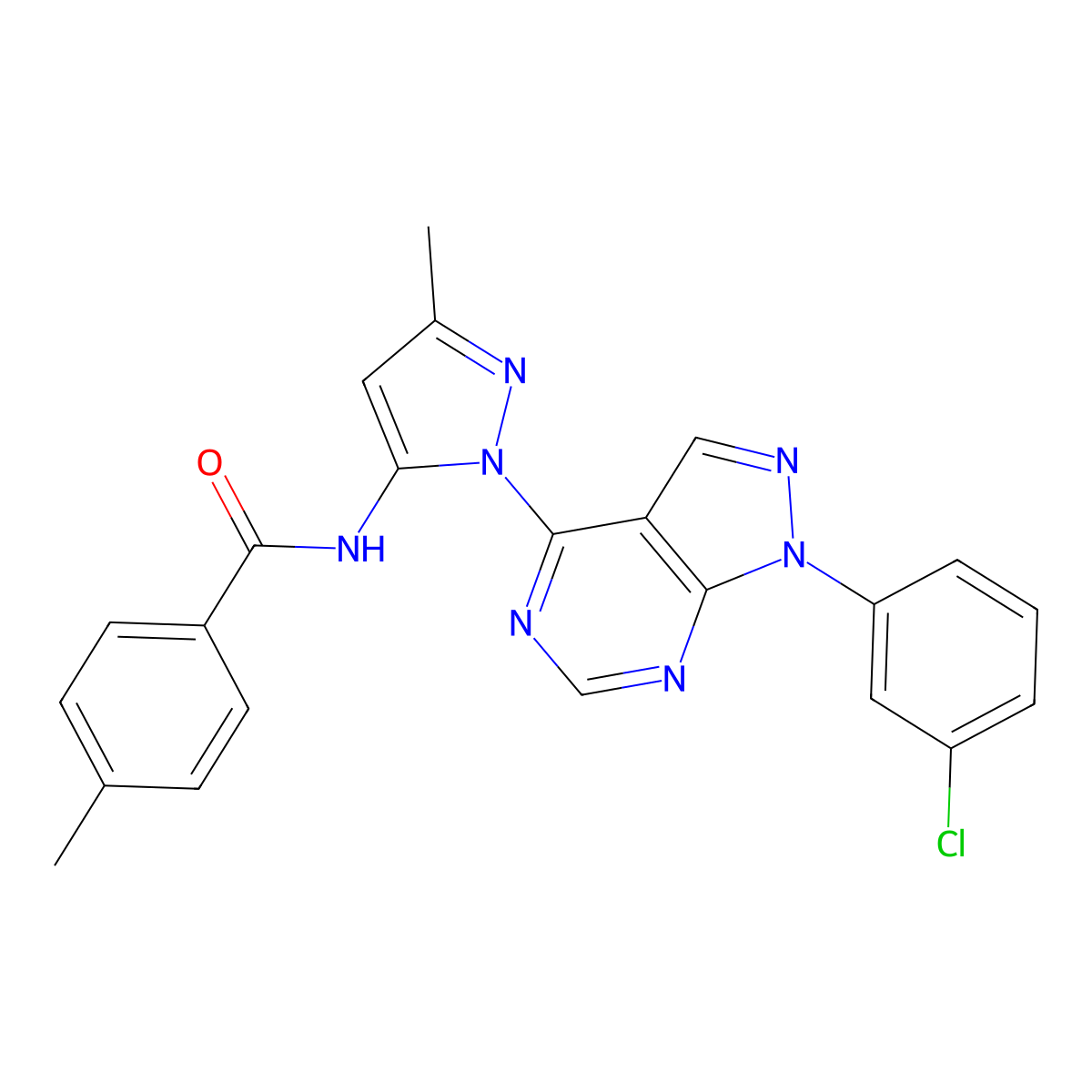 N-(1-(1-(3-chlorophenyl)-1H-pyrazolo[3,4-d]pyrimidin-4-yl)-3-methyl-1H-pyrazol-5-yl)-4-methylbenzamide molecular structure, CAS 1006003-11-7