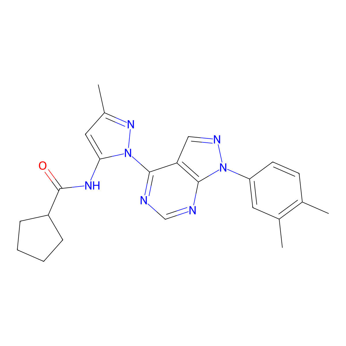 N-{1-[1-(3,4-dimethylphenyl)-1H-pyrazolo[3,4-d]pyrimidin-4-yl]-3-methyl-1H-pyrazol-5-yl}cyclopentanecarboxamide molecular structure, CAS 1006003-84-4