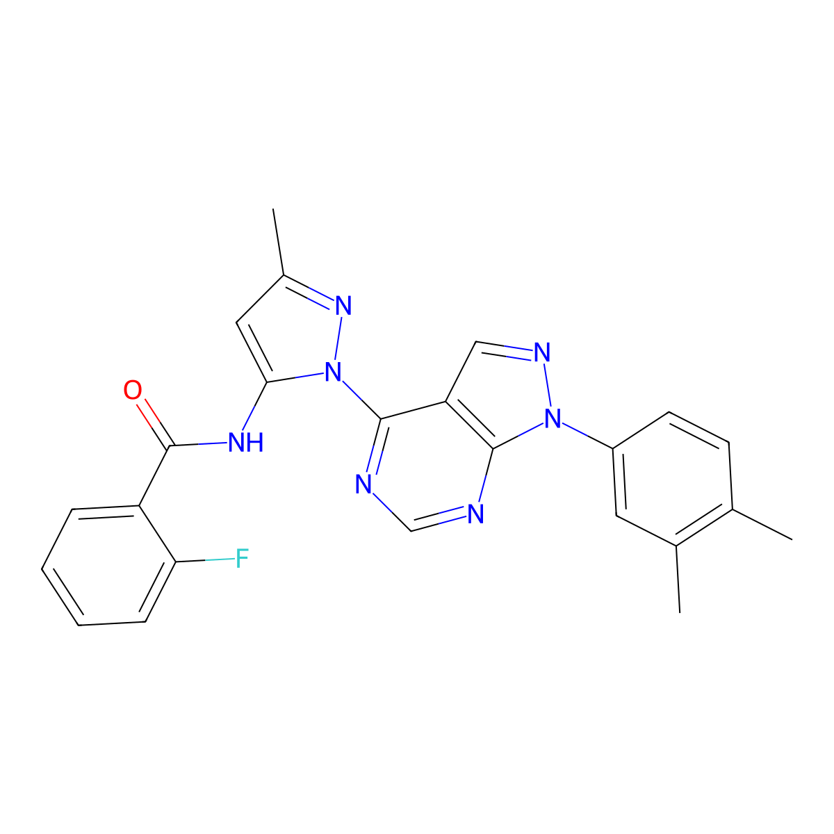 N-(1-(1-(3,4-dimethylphenyl)-1H-pyrazolo[3,4-d]pyrimidin-4-yl)-3-methyl-1H-pyrazol-5-yl)-2-fluorobenzamide molecular structure, CAS 1006004-57-4
