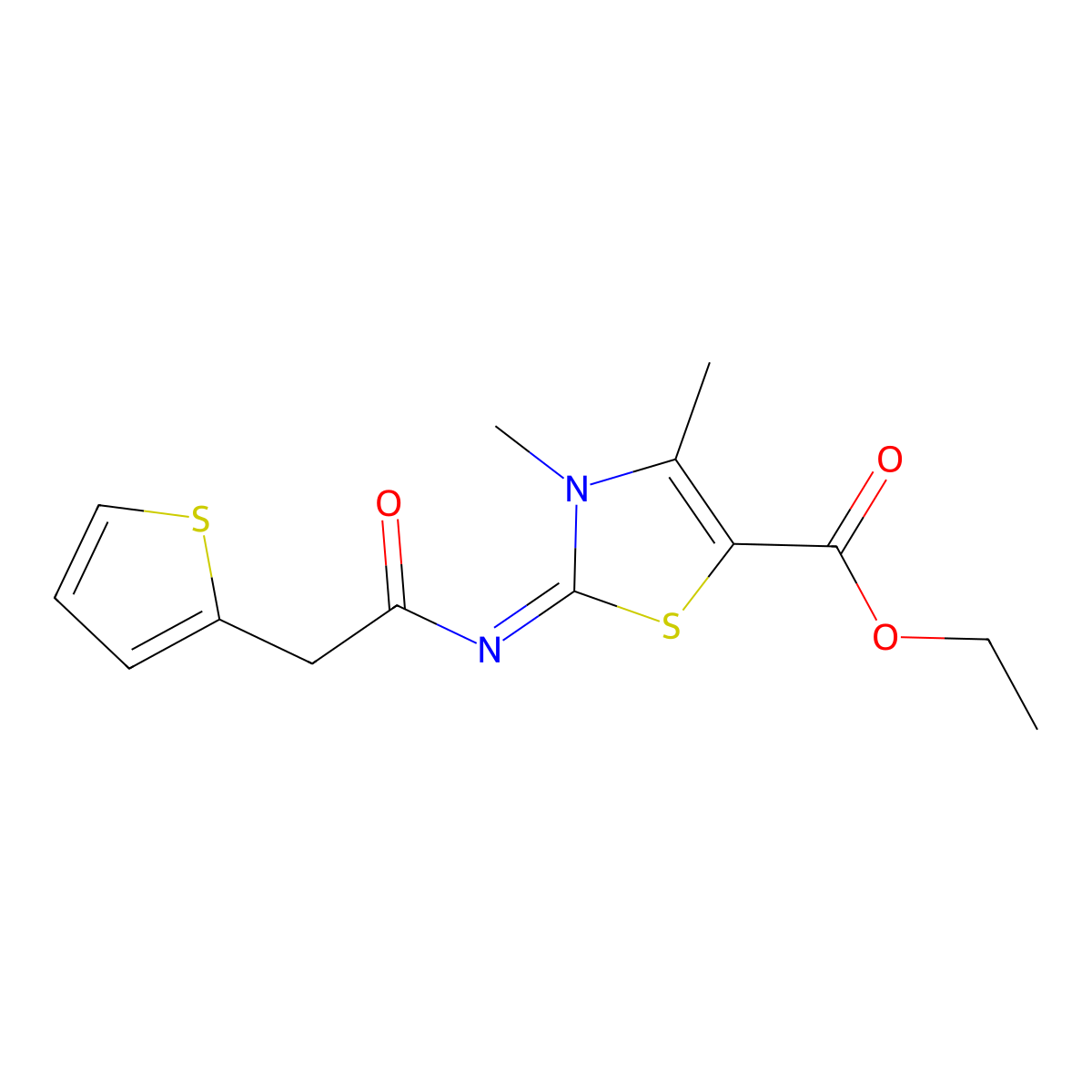 (E)-ethyl 3,4-dimethyl-2-((2-(thiophen-2-yl)acetyl)imino)-2,3-dihydrothiazole-5-carboxylate molecular structure, CAS 1006006-37-6