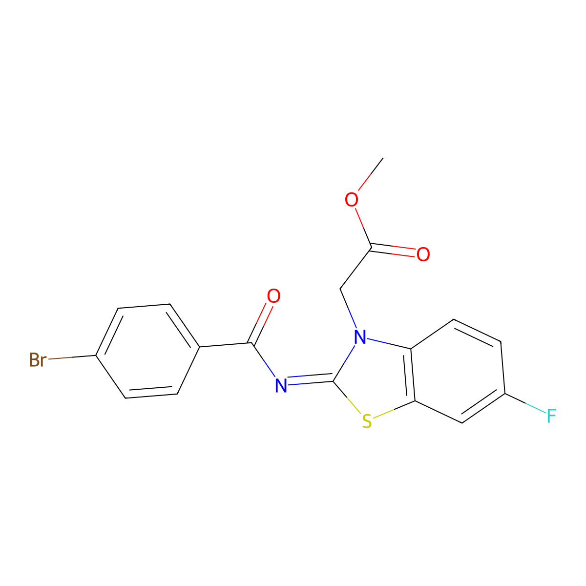 Methyl 2-[2-(4-bromobenzoyl)imino-6-fluoro-1,3-benzothiazol-3-yl]acetate molecular structure, CAS 1006012-27-6