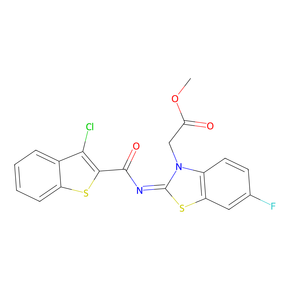 (Z)-methyl 2-(2-((3-chlorobenzo[b]thiophene-2-carbonyl)imino)-6-fluorobenzo[d]thiazol-3(2H)-yl)acetate molecular structure, CAS 1006012-59-4