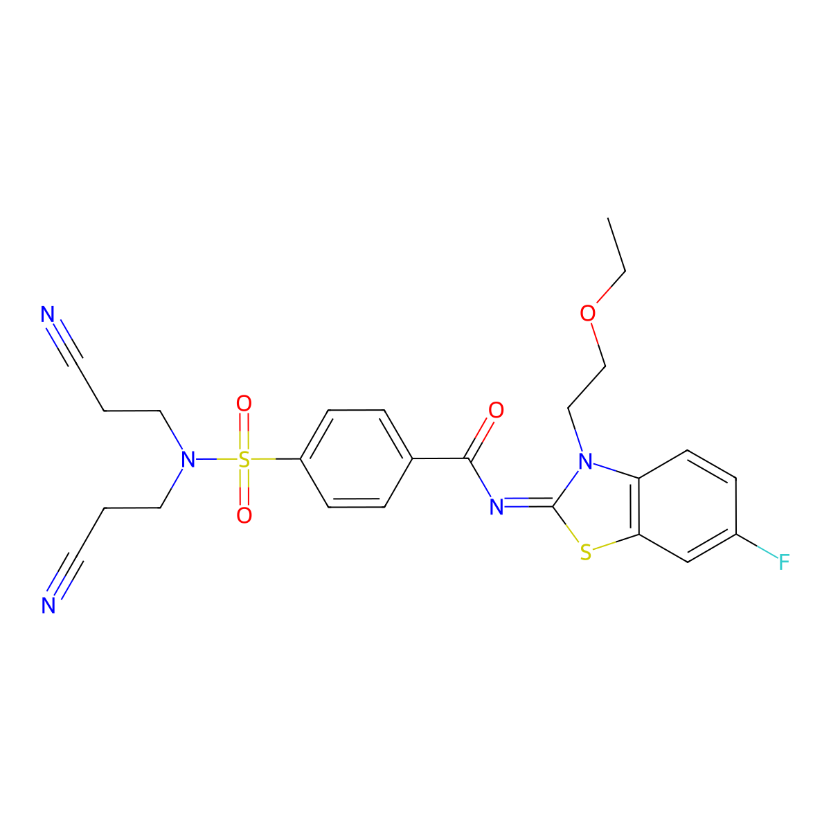 4-[bis(2-cyanoethyl)sulfamoyl]-N-[3-(2-ethoxyethyl)-6-fluoro-1,3-benzothiazol-2-ylidene]benzamide molecular structure, CAS 1006020-67-2