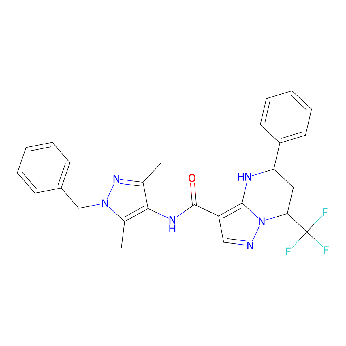 N-(1-benzyl-3,5-dimethyl-1H-pyrazol-4-yl)-5-phenyl-7-(trifluoromethyl)-4,5,6,7-tetrahydropyrazolo[1,5-a]pyrimidine-3-carboxamide molecular structure, CAS 1006026-12-5