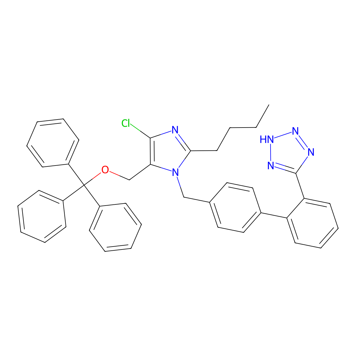 5-(4'-((2-Butyl-4-chloro-5-(((triphenylmethyl)oxy)methyl)-1H-imidazol-1-yl)methyl)biphenyl-2-yl)-1H-tetrazole molecular structure, CAS 1006062-28-7