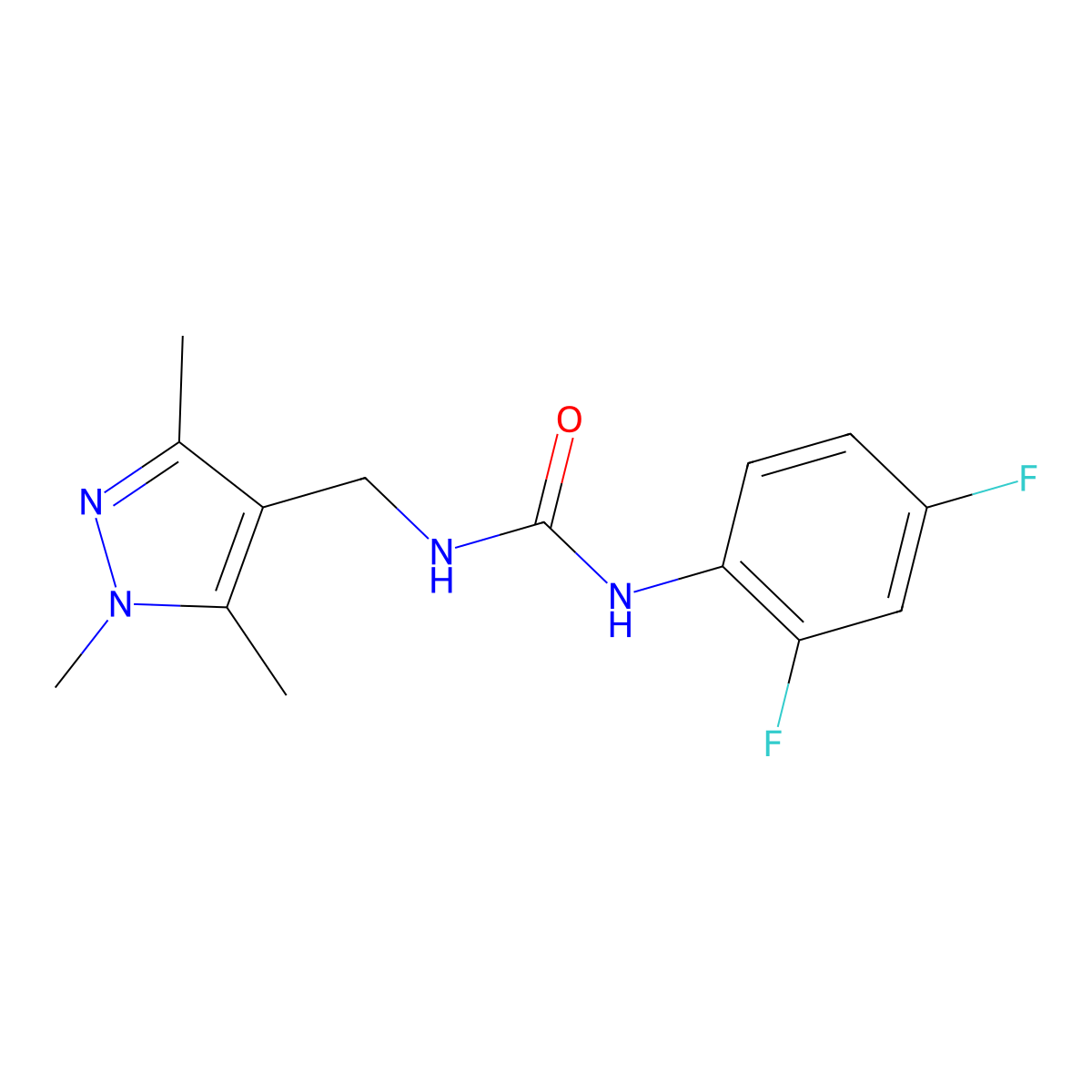 1-(2,4-Difluorophenyl)-3-[(1,3,5-trimethylpyrazol-4-yl)methyl]urea molecular structure, CAS 1006129-41-4