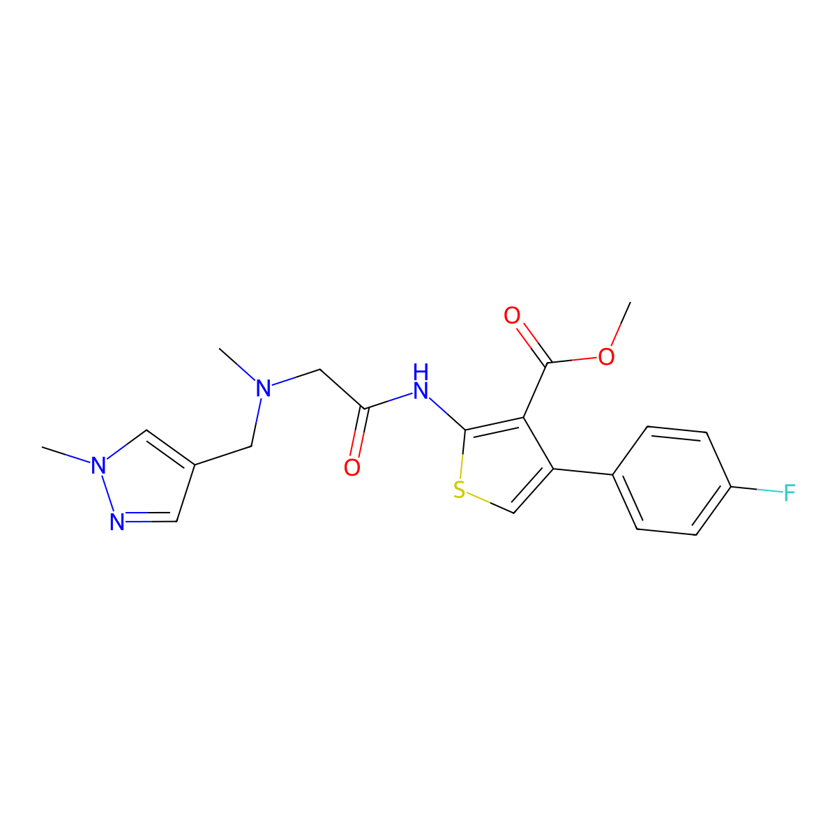 methyl 4-(4-fluorophenyl)-2-({N-methyl-N-[(1-methyl-1H-pyrazol-4-yl)methyl]glycyl}amino)thiophene-3-carboxylate molecular structure, CAS 1006144-65-5