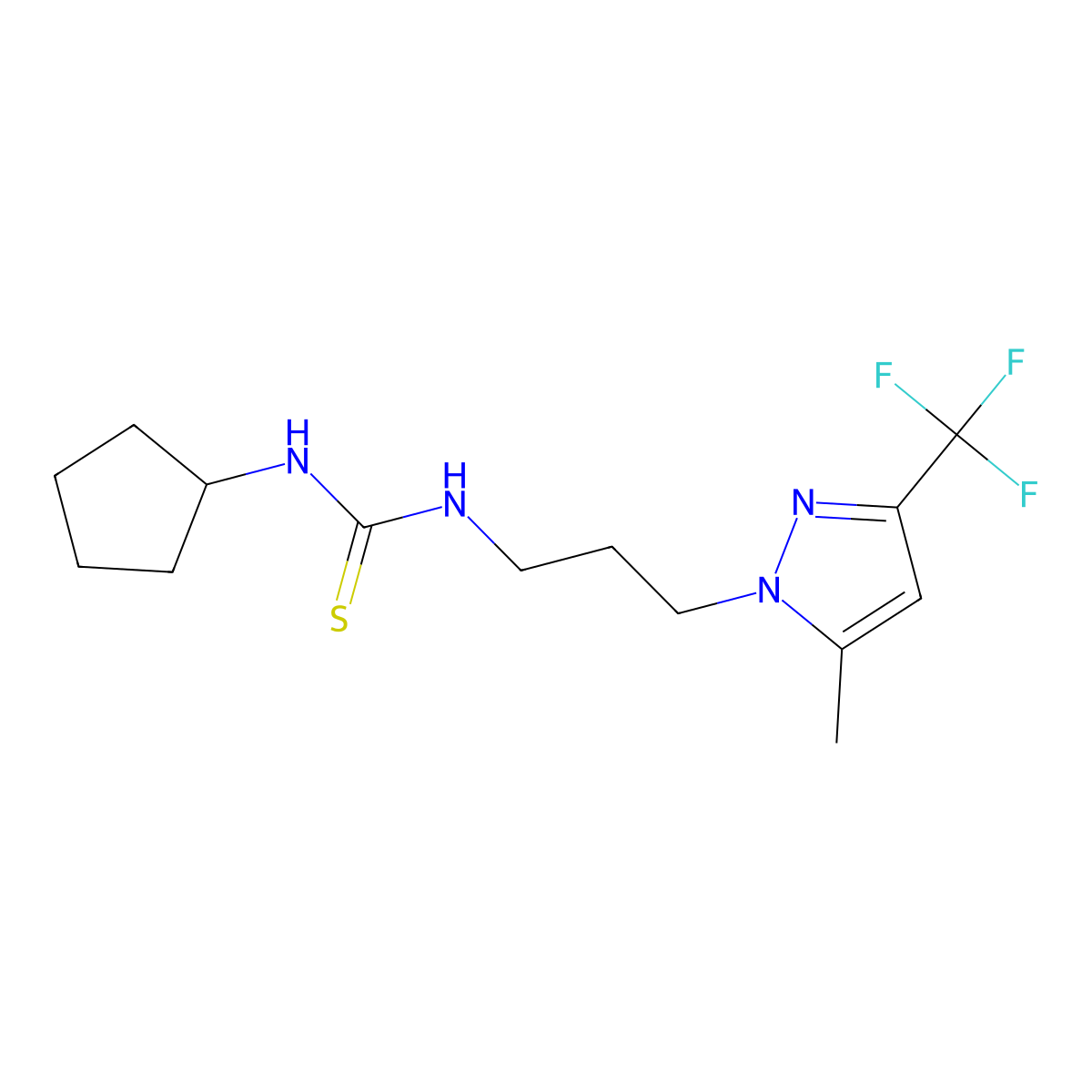 1-cyclopentyl-3-{3-[5-methyl-3-(trifluoromethyl)-1H-pyrazol-1-yl]propyl}thiourea molecular structure, CAS 1006151-60-5