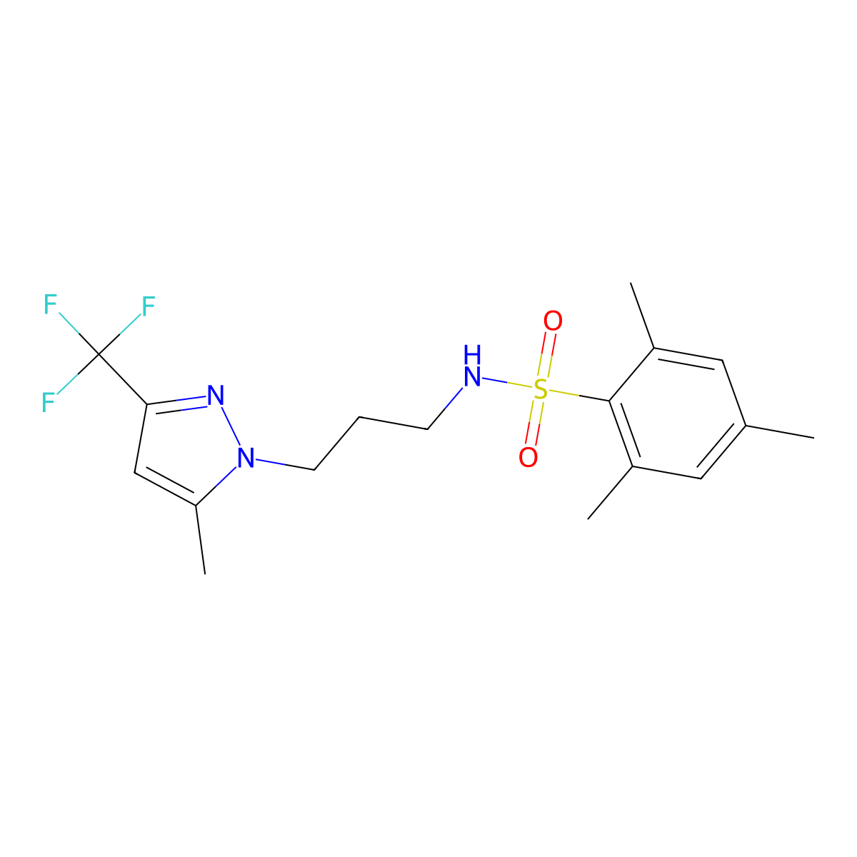 2,4,6-trimethyl-N-{3-[5-methyl-3-(trifluoromethyl)-1H-pyrazol-1-yl]propyl}benzenesulfonamide molecular structure, CAS 1006194-88-2