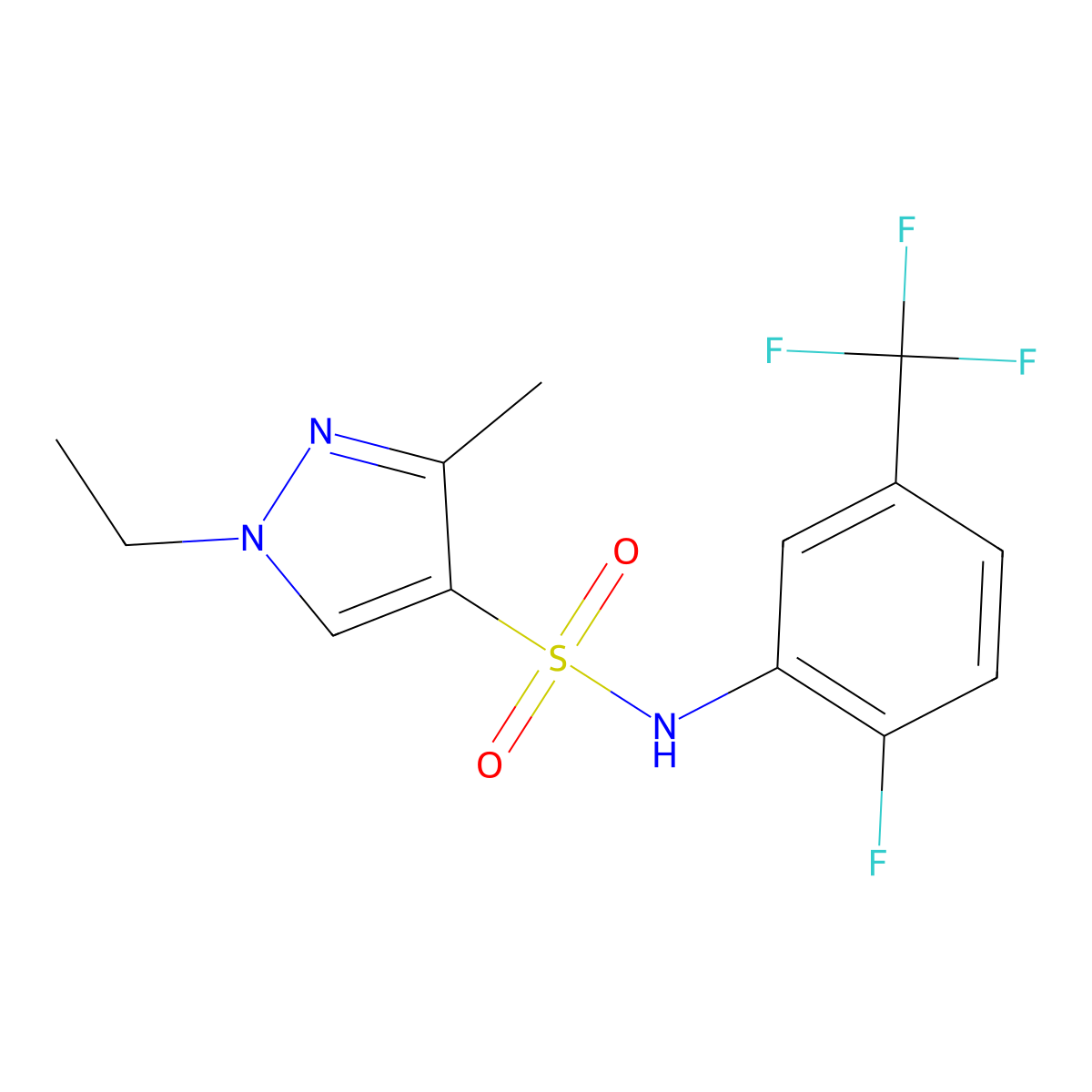 1-ethyl-N-[2-fluoro-5-(trifluoromethyl)phenyl]-3-methyl-1H-pyrazole-4-sulfonamide molecular structure, CAS 1006203-17-3