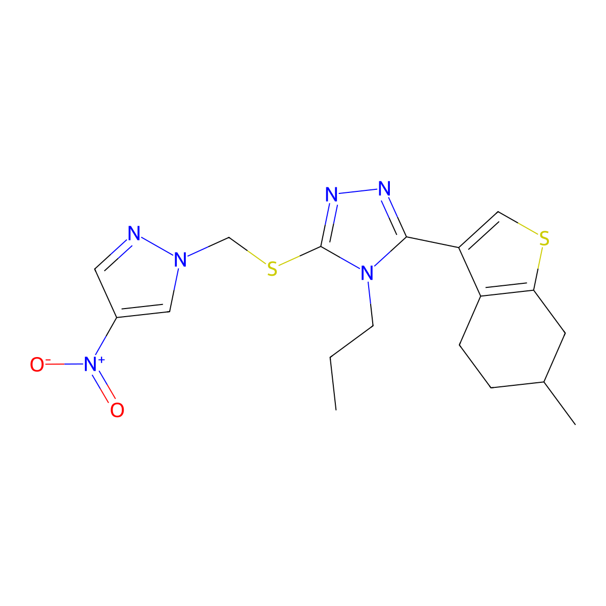 3-(6-methyl-4,5,6,7-tetrahydro-1-benzothiophen-3-yl)-5-{[(4-nitro-1H-pyrazol-1-yl)methyl]sulfanyl}-4-propyl-4H-1,2,4-triazole molecular structure, CAS 1006223-73-9