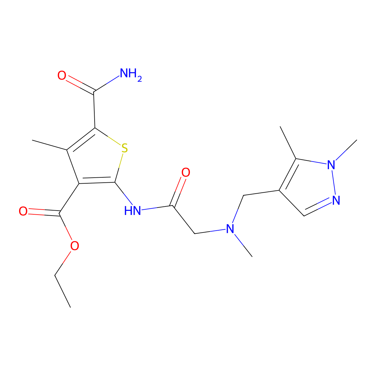 ethyl 5-carbamoyl-2-({N-[(1,5-dimethyl-1H-pyrazol-4-yl)methyl]-N-methylglycyl}amino)-4-methylthiophene-3-carboxylate molecular structure, CAS 1006226-78-3